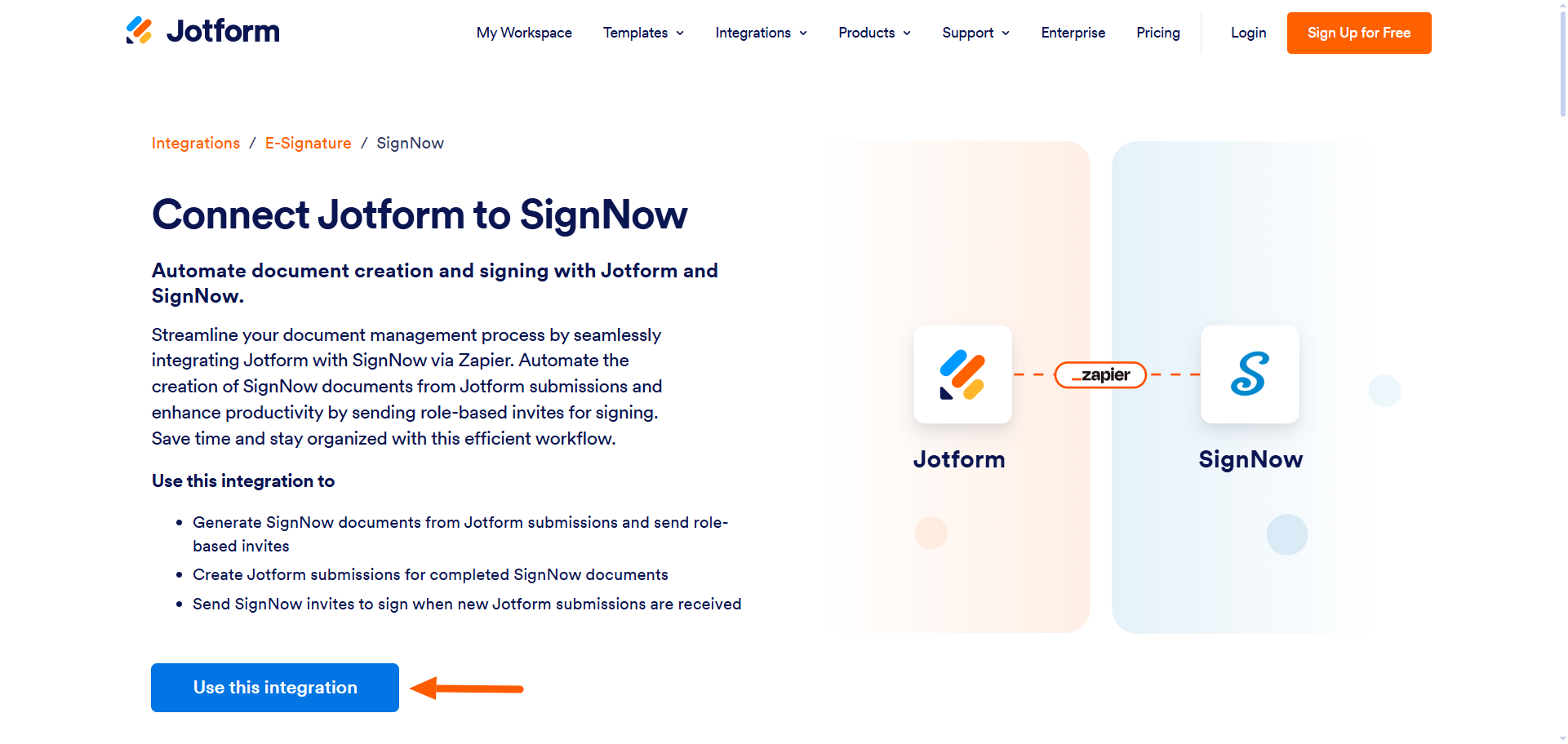 Screenshot of the same integration page with the “Use this integration” button highlighted