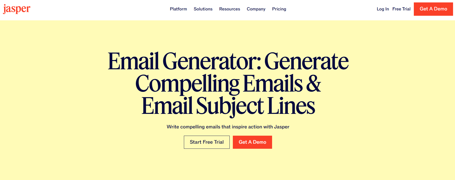Screenshot of the Jasper landing page, showing a headline "Email Generator: Generate Compelling Emails & Email Subject Lines" 