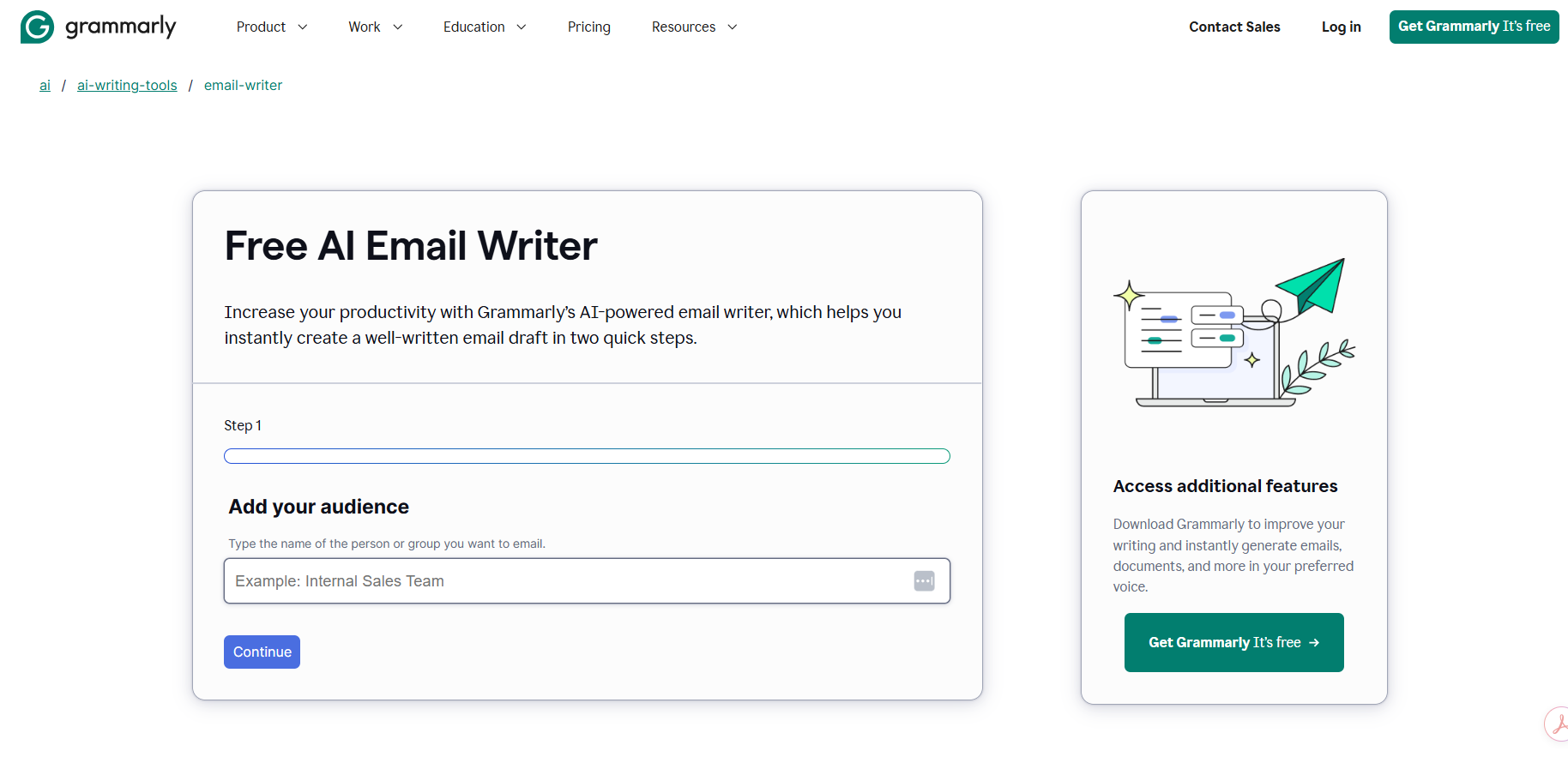 Screenshot of the Grammarly's Free AI Email Writer landing page