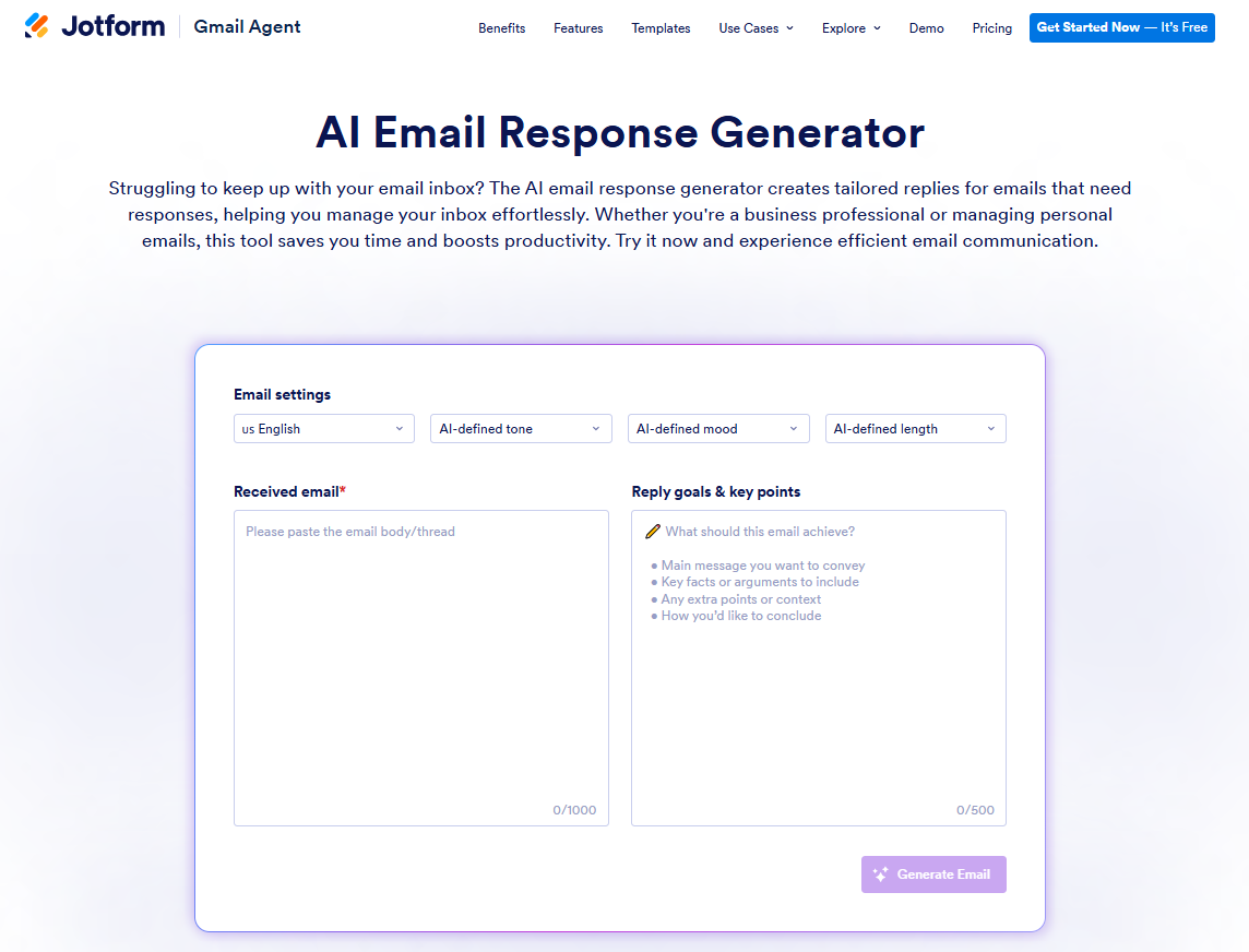 Screenshot of the Jotform's AI Email Response Generator landing page