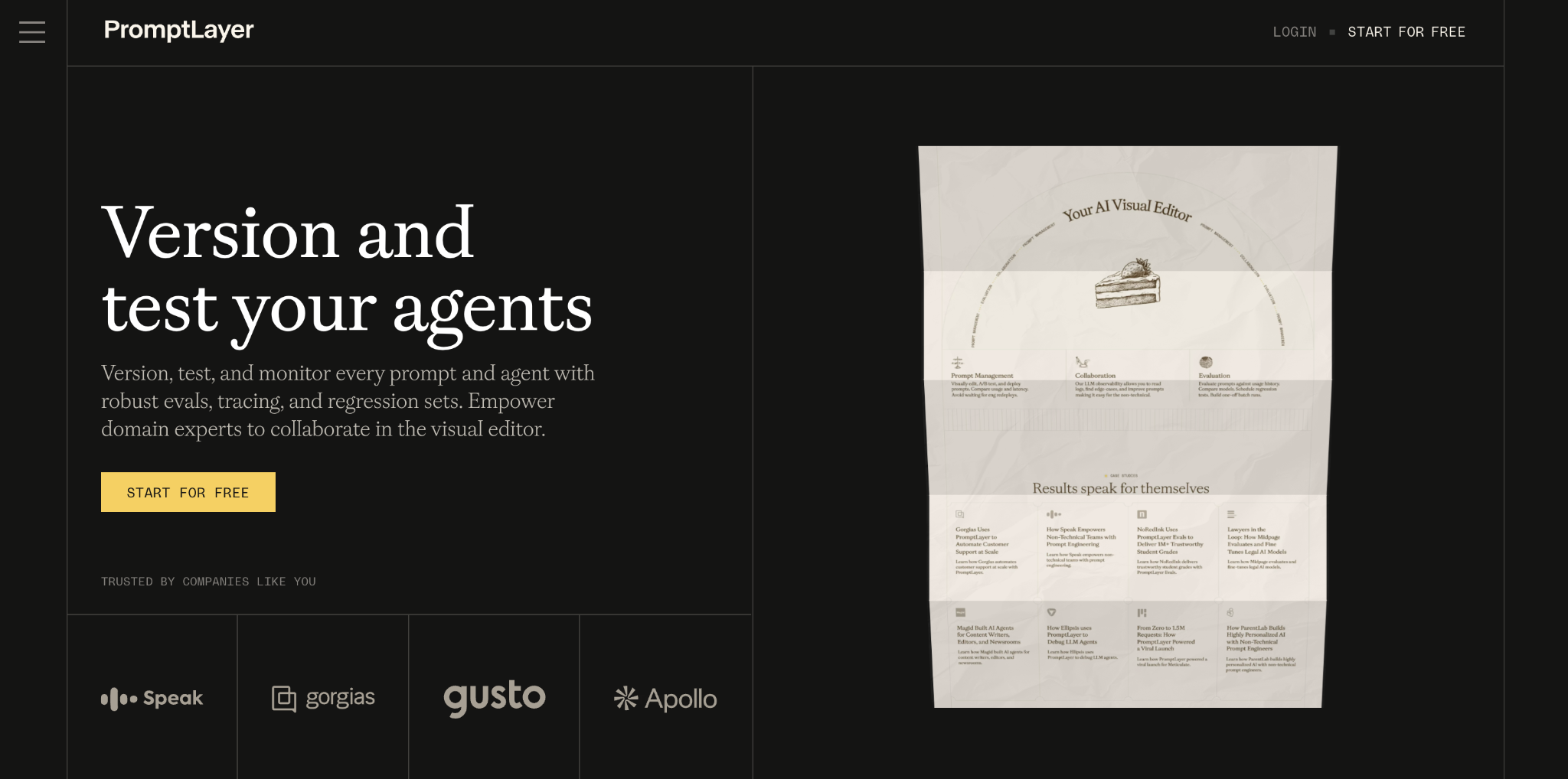 Screenshot of the PromptLayer landing page, showing a headline "Version and test your agents"