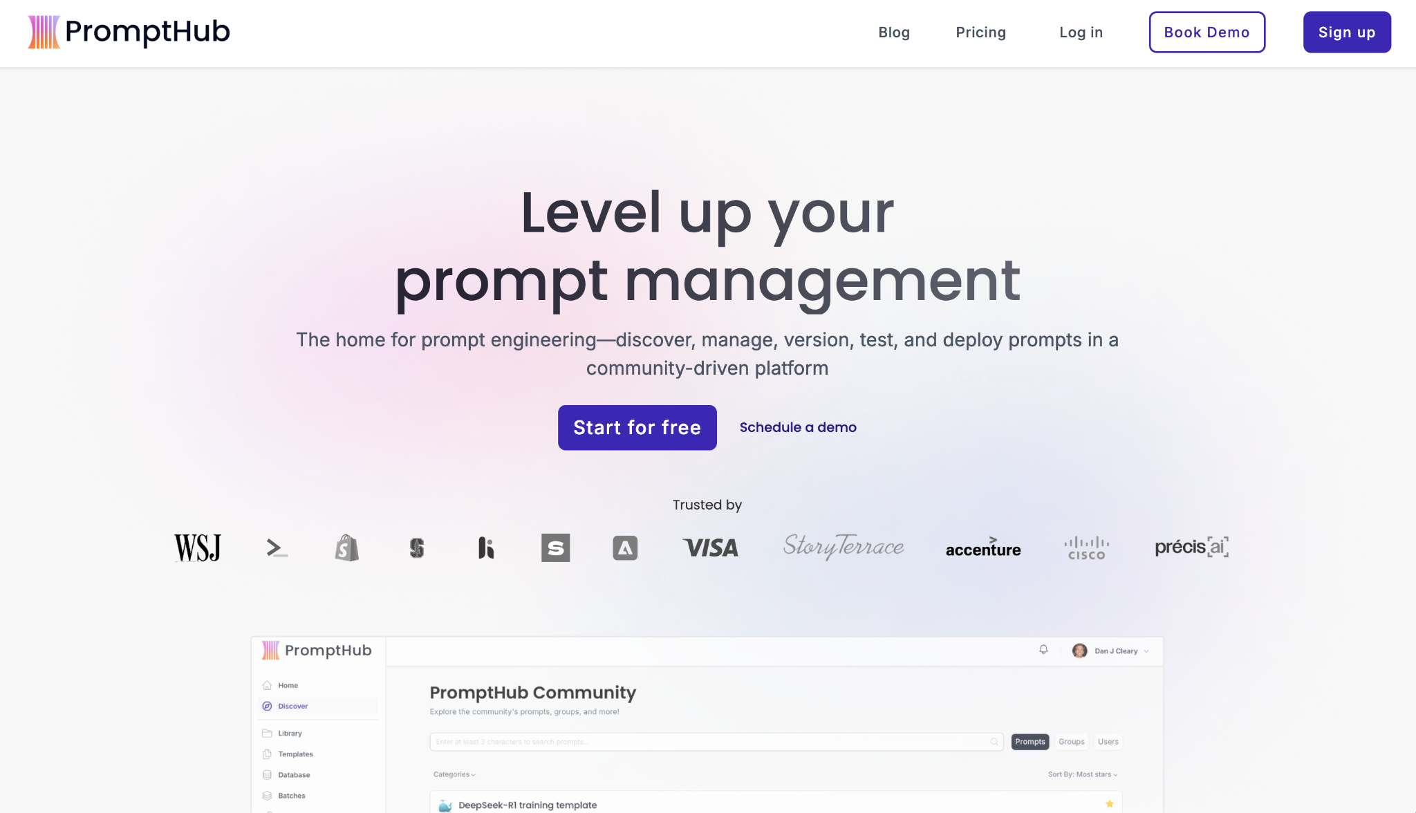 Screenshot of the PromptHub landing page, showing a headline "Level up your prompt management"