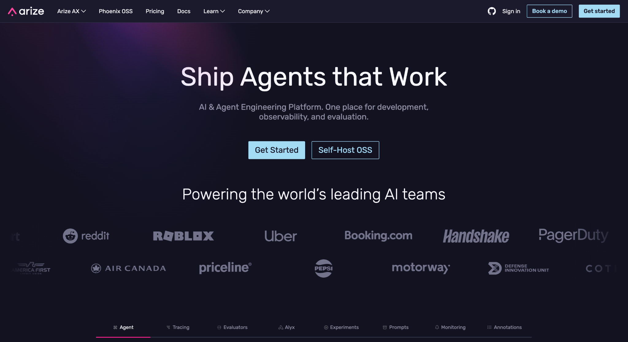 Screenshot of the Arize landing page, showing a headline "Ship Agents that Work"
