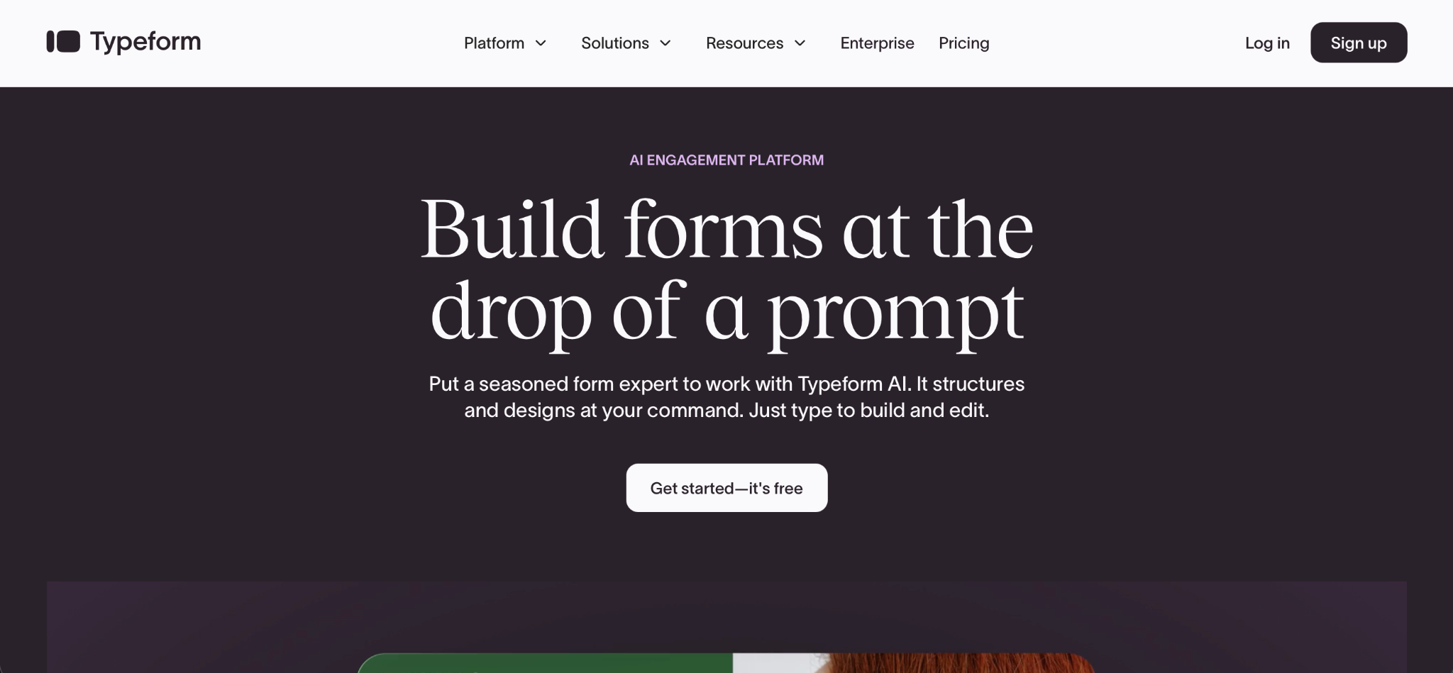 Screenshot of the Typeform landing page, showing a headline "Build forms at the drop of a prompt"