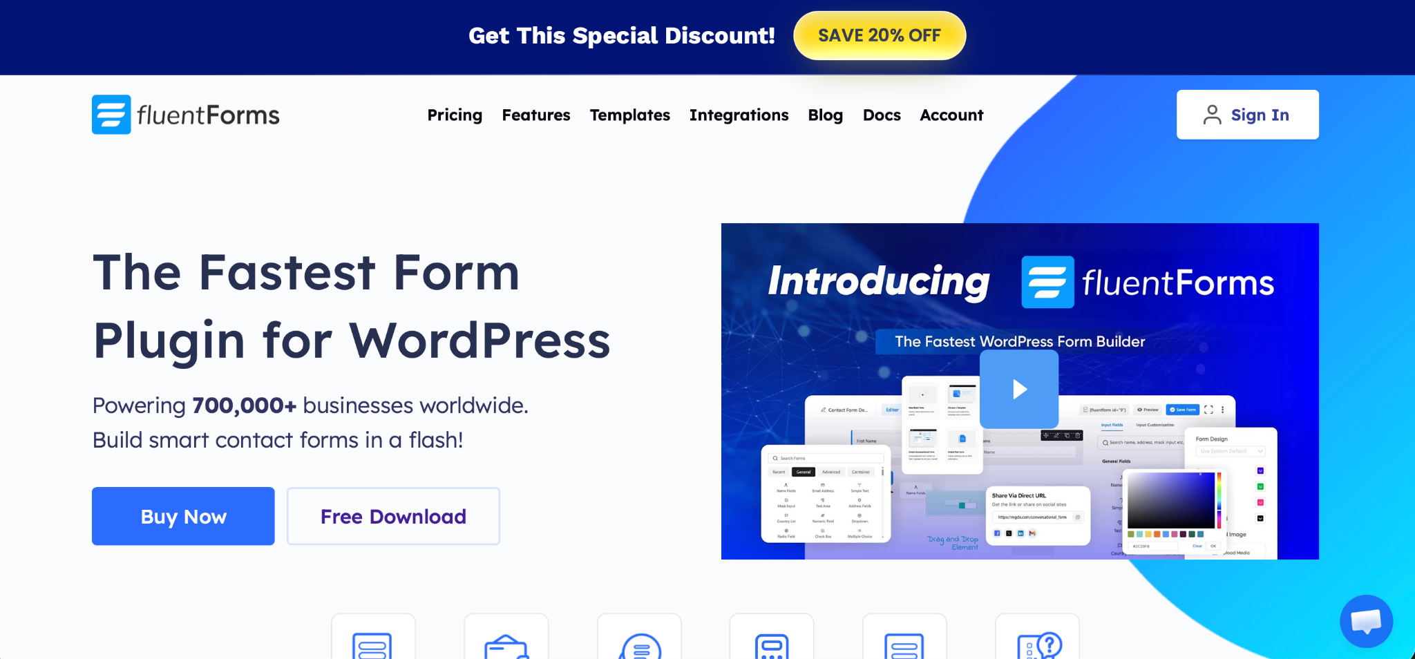 Screenshot of the Fluent Forms landing page, showing a headline "The Fastest Form Plugin for WordPress"