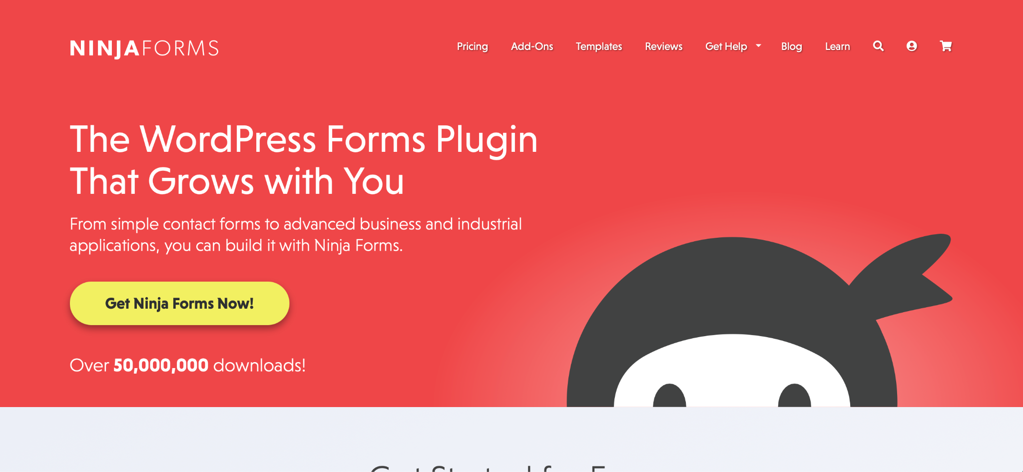 Screenshot of the Ninja Forms landing page, showing a headline "The WordPress Forms Plugin That Grows with You"