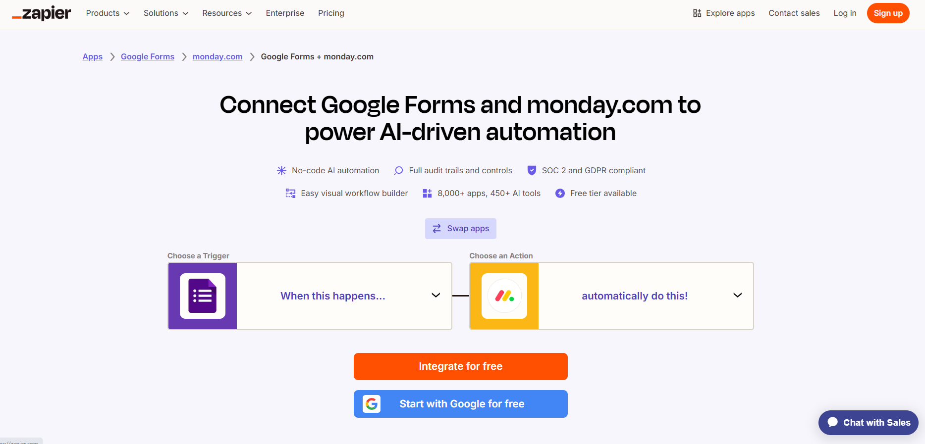 Zapier website showing the Google Forms-monday