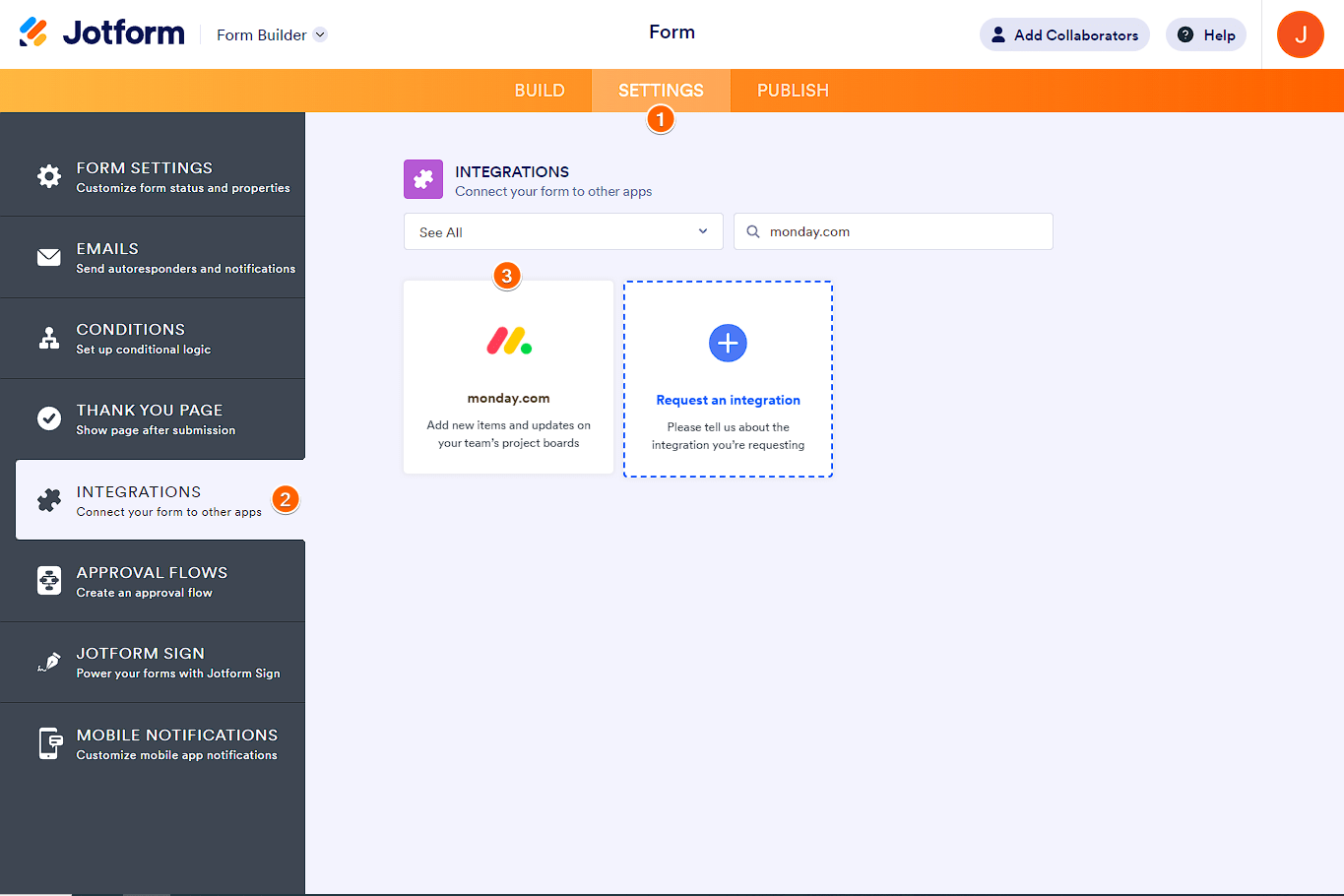 Jotform interface with the Settings, Integrations, and monday