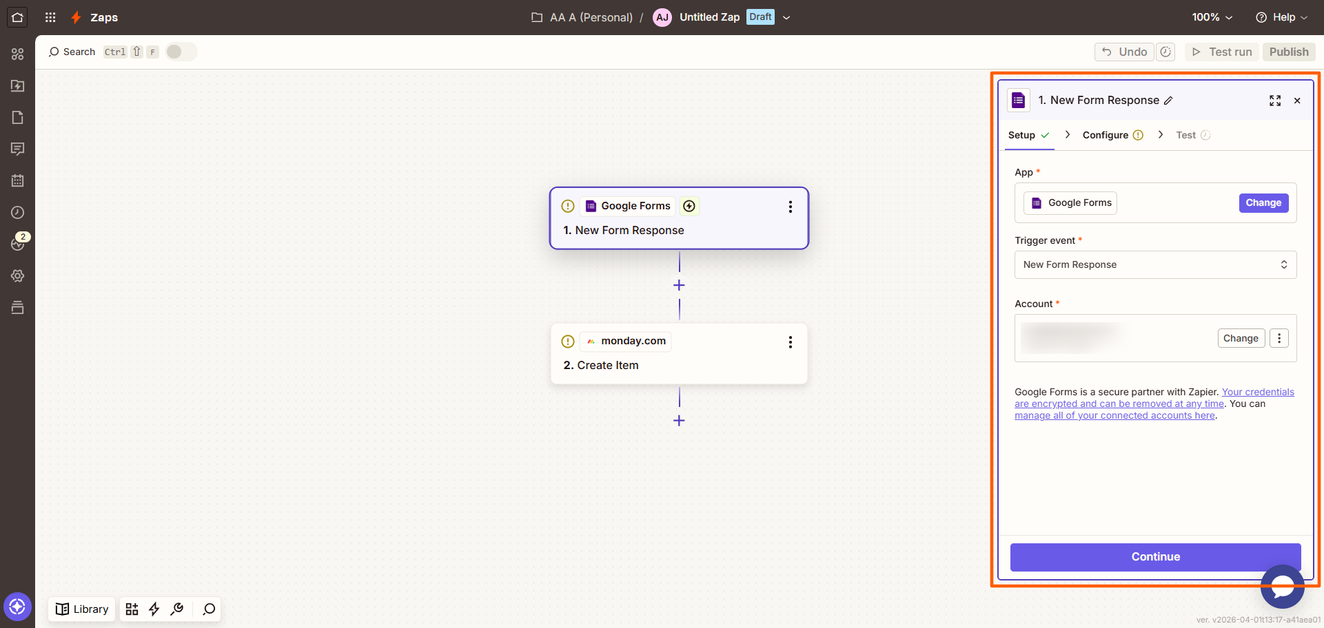 Zapier interface showing the trigger event settings and the linked Google account