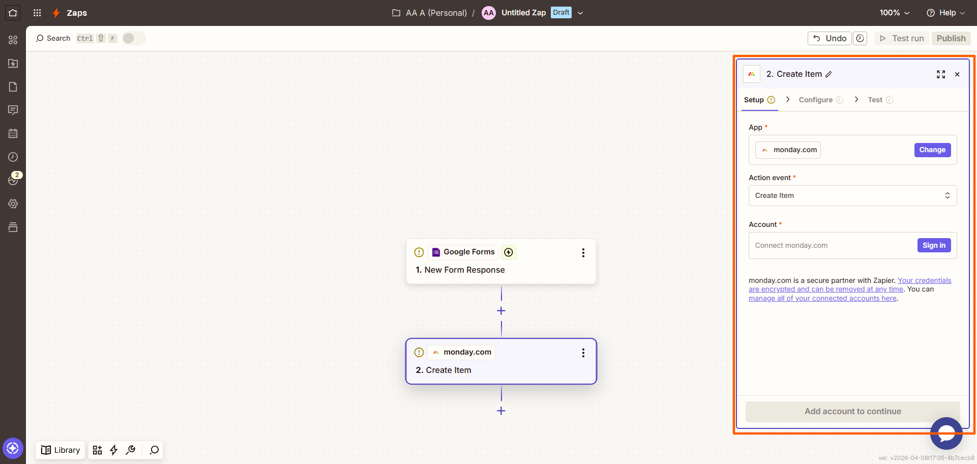 Zapier interface showing the action event settings and the option to link a monday