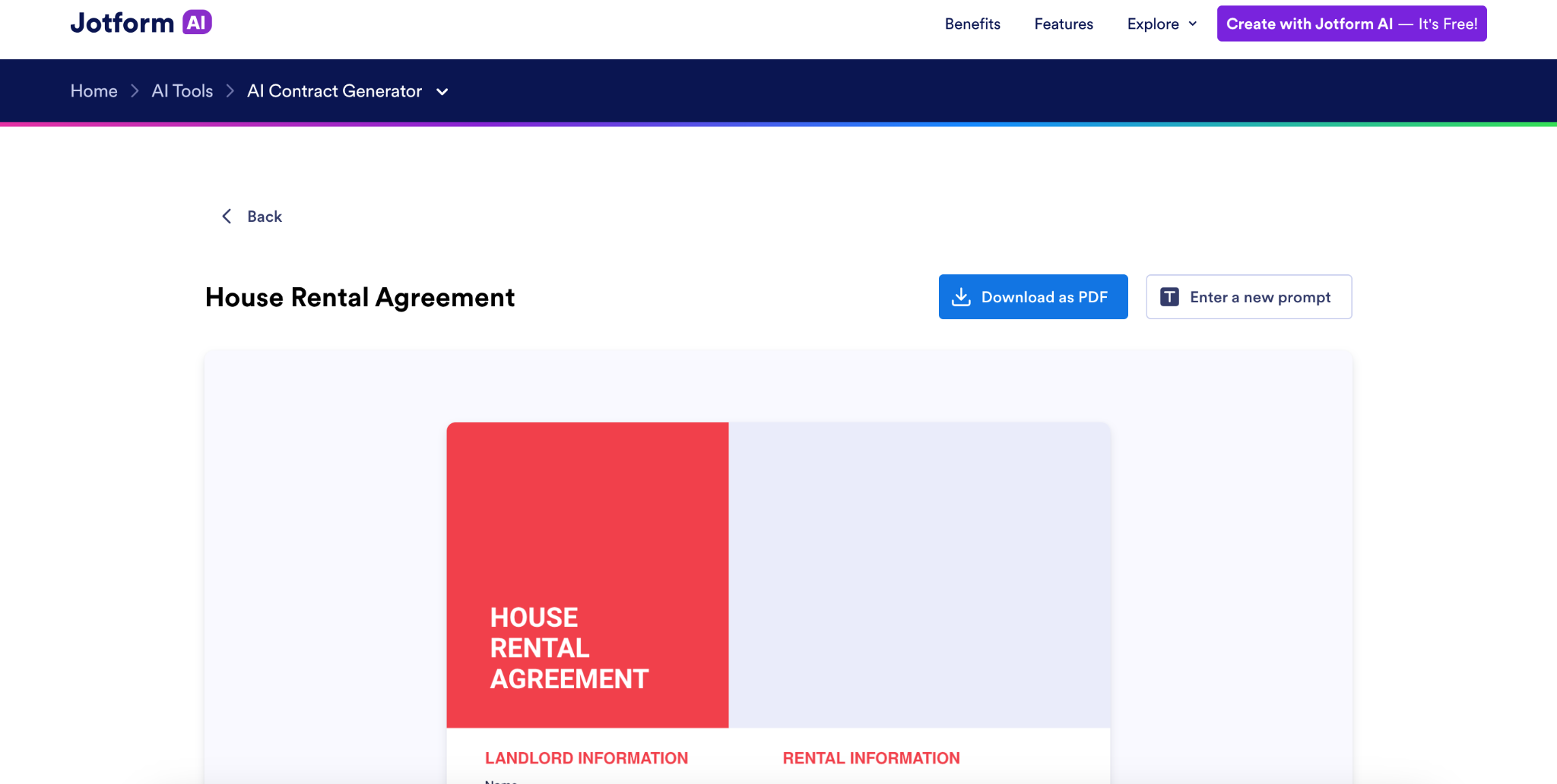 Screenshot of Jotform AI Contract Generator showing a “House Rental Agreement” document preview with options to download as PDF or enter a new prompt
