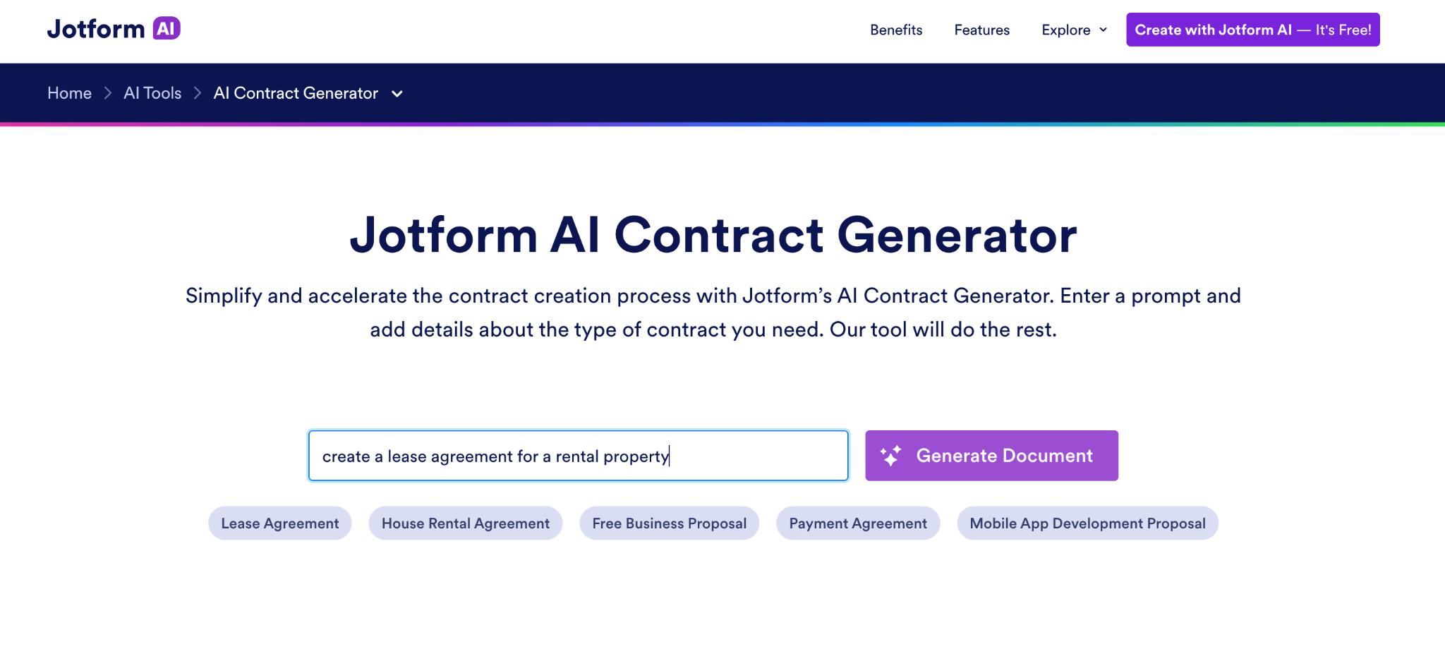 Screenshot of the Jotform AI Contract Generator, with a "Generate Document" button