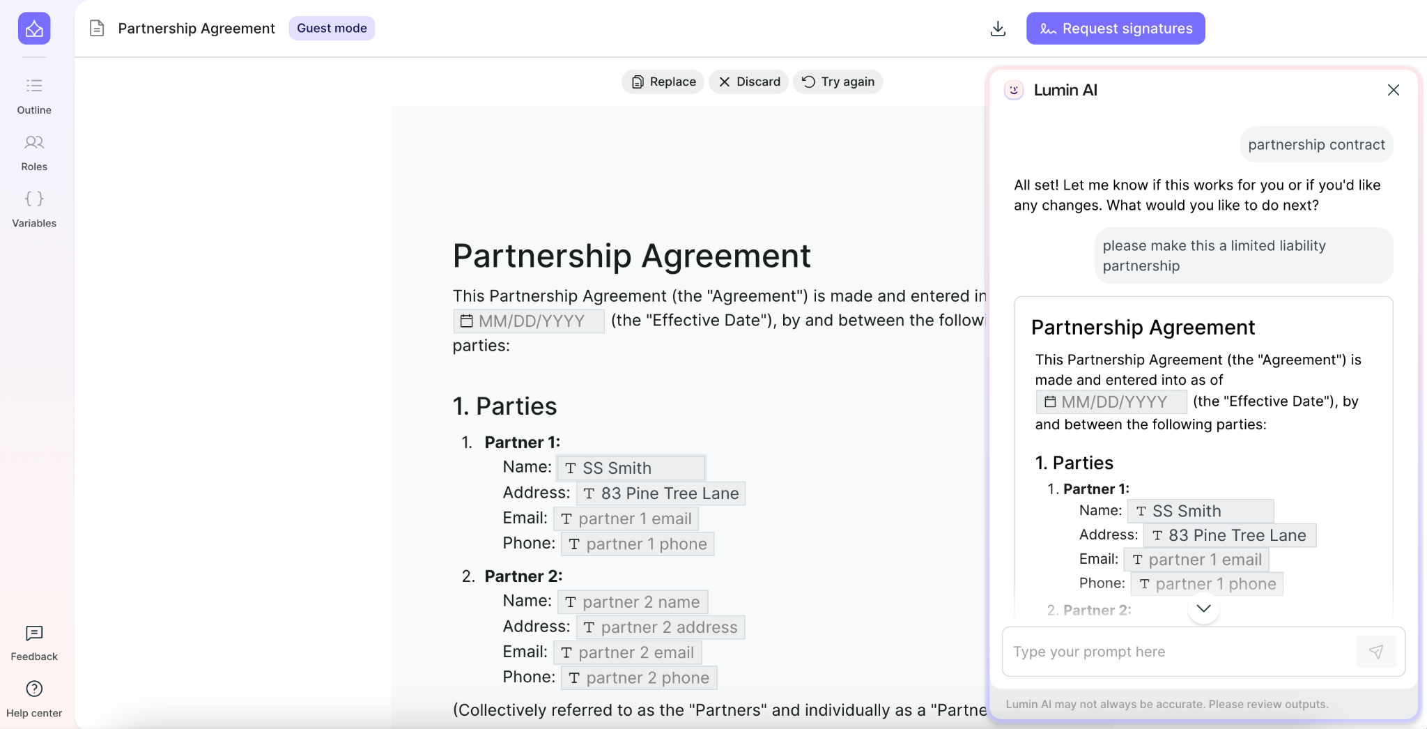 Screenshot of Lumin AgreementGen interface showing a partnership agreement document preview alongside an AI assistant panel suggesting edits and requesting signatures