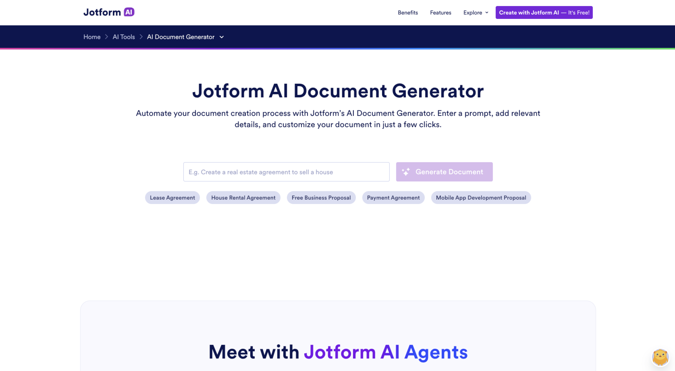 Jotform AI Document Generator Landing Page