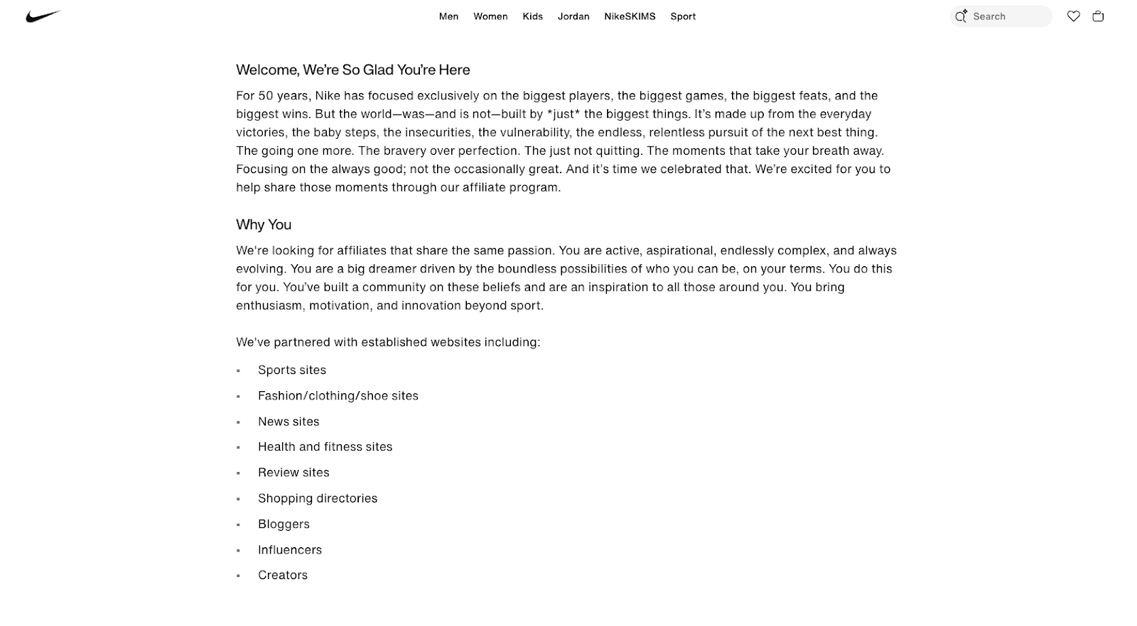 Screenshot of the Nike Affiliate Program landing page