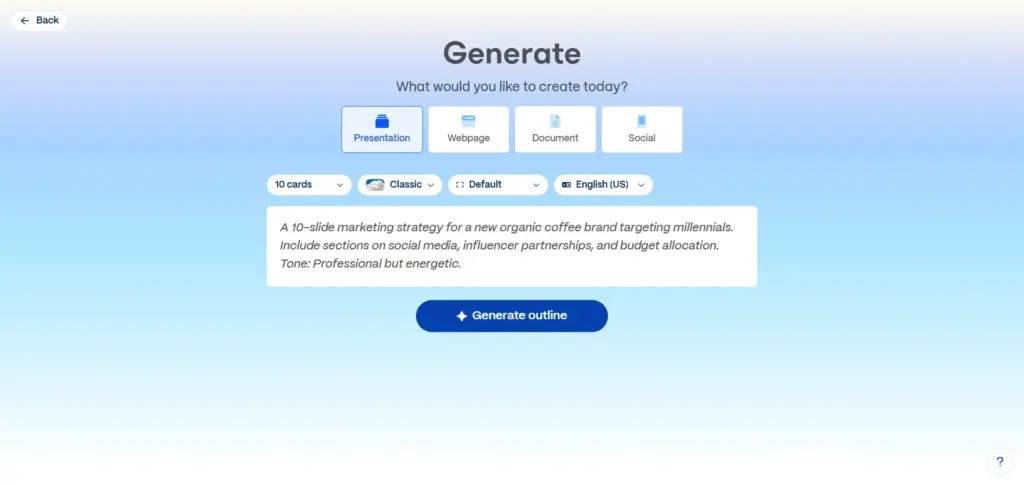 Gamma App Document Generation Chat Interface