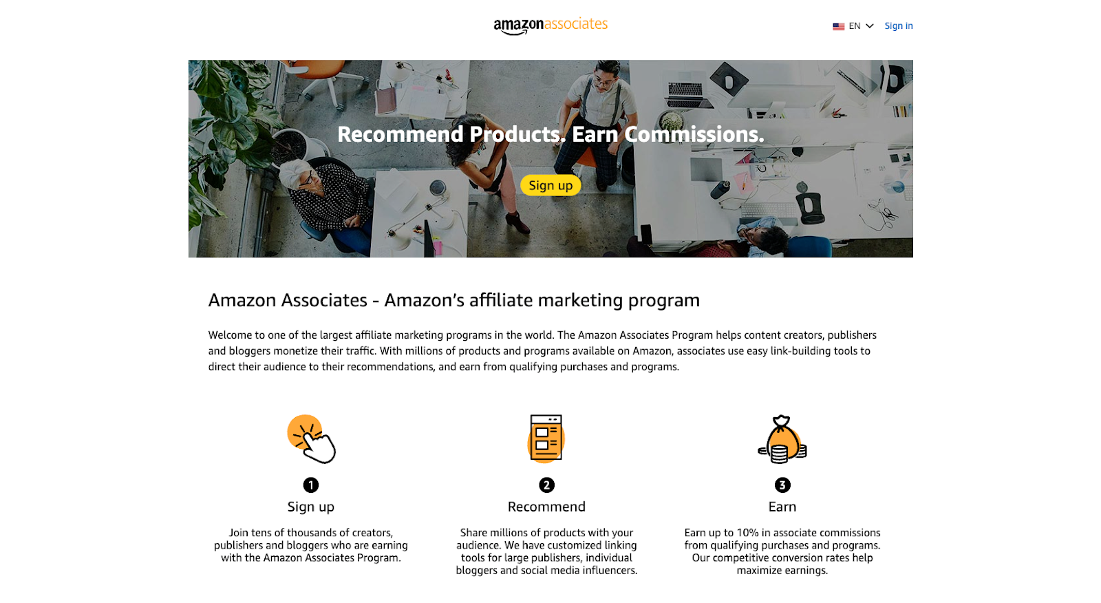 Screenshot of the Amazon's affiliate marketing program landing page, showing a headline "Recommend Products