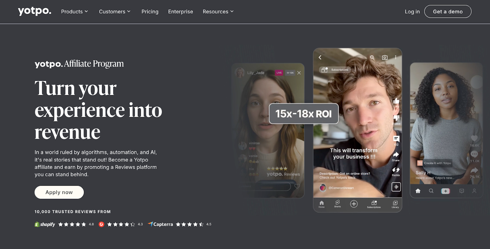 Screenshot of the Yotpo Affiliate Program landing page, showing a headline "Turn your experience into revenue"