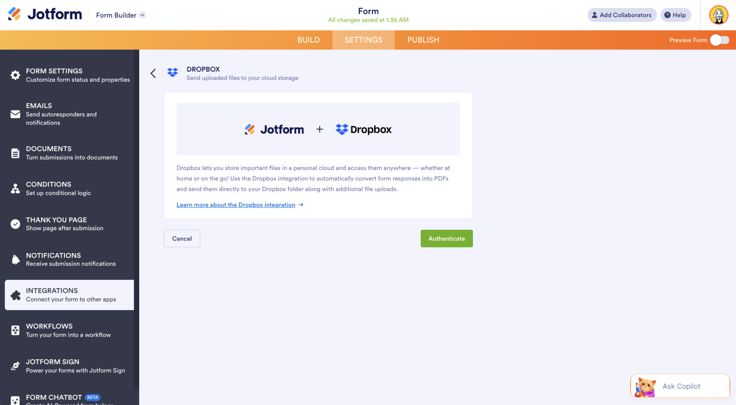 Jotform Form Bilder Dropbox Account Authentication
