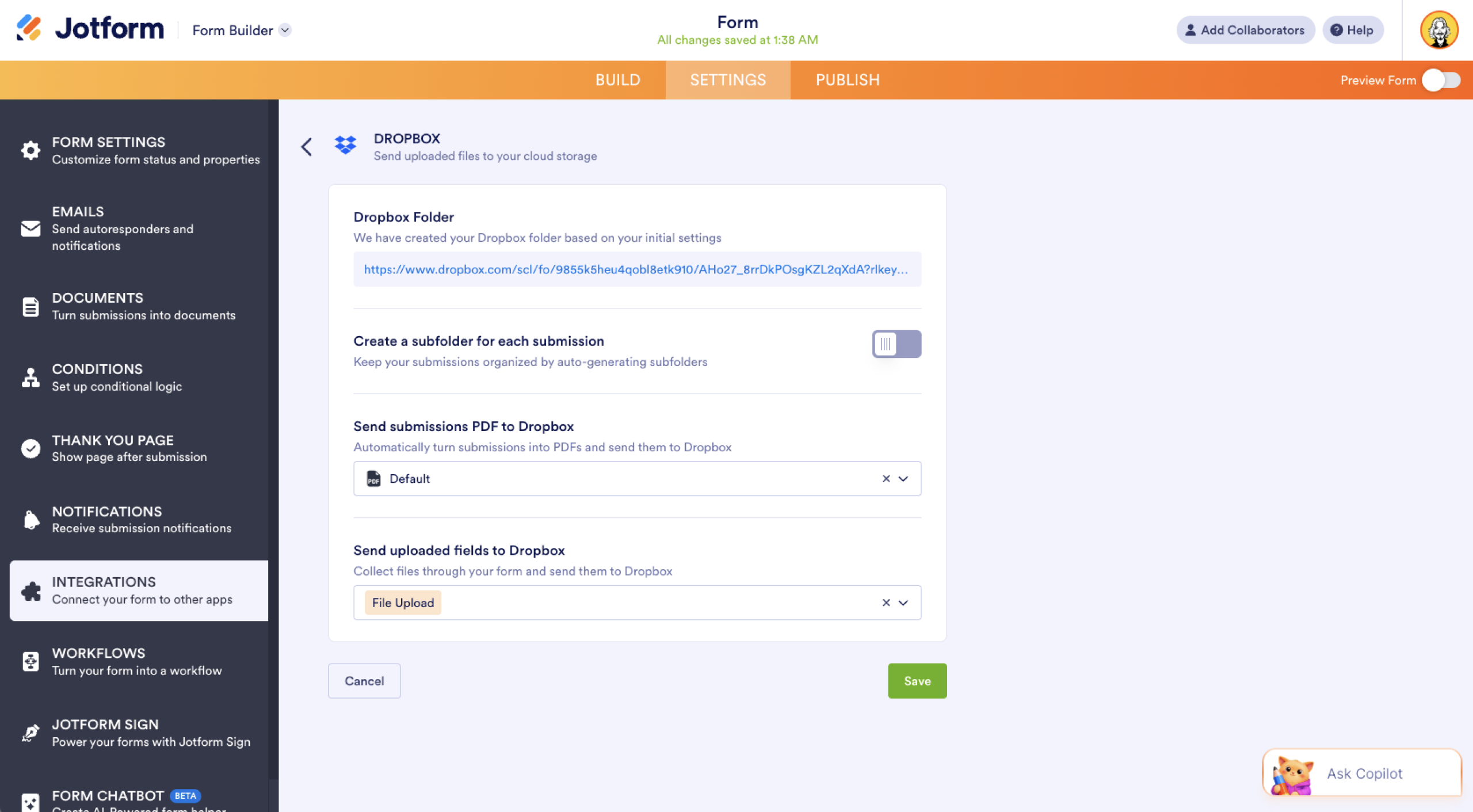 Jotform Form Builder Dropbox Integration Configuration