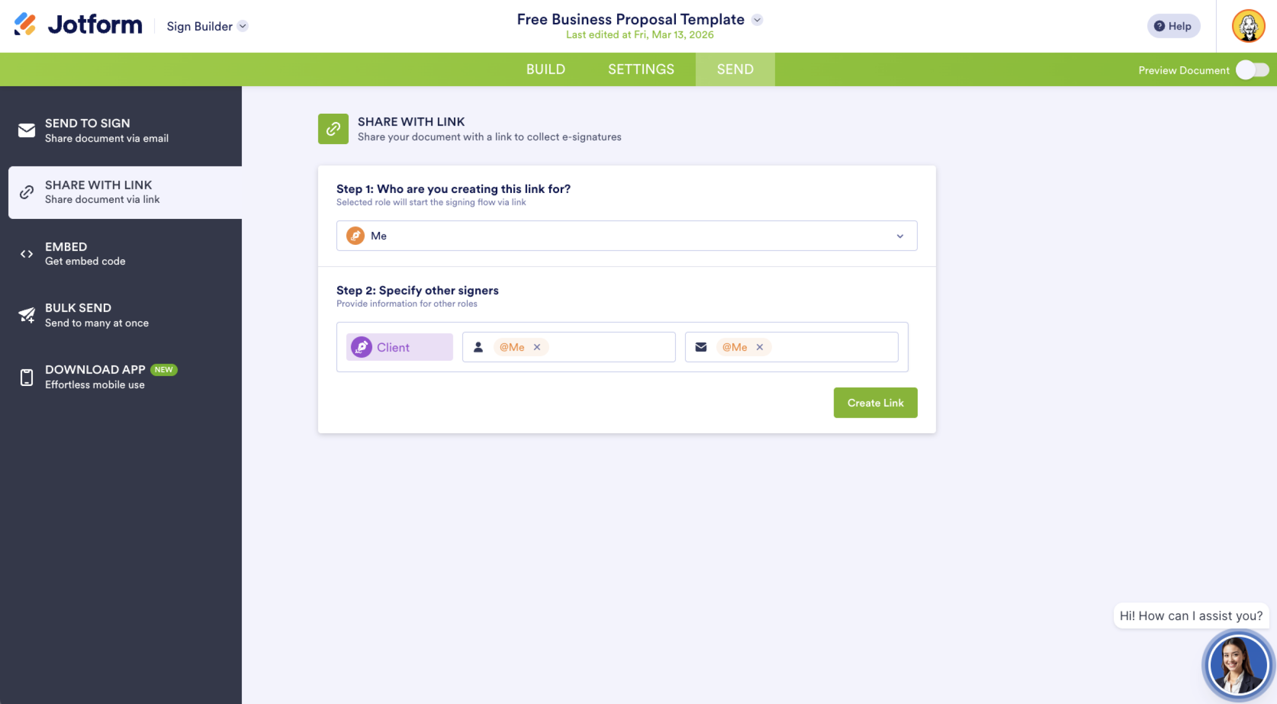 Jotform Sign Builder Send Menu Share with Link Tab