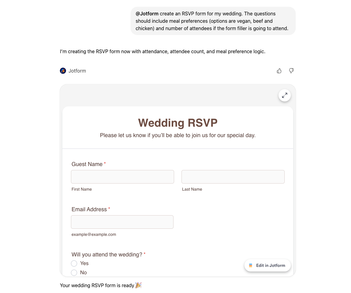 Screenshot of a ChatGPT conversation generating a wedding RSVP form in Jotform, showing a preview with fields for guest name, email address, and attendance confirmation