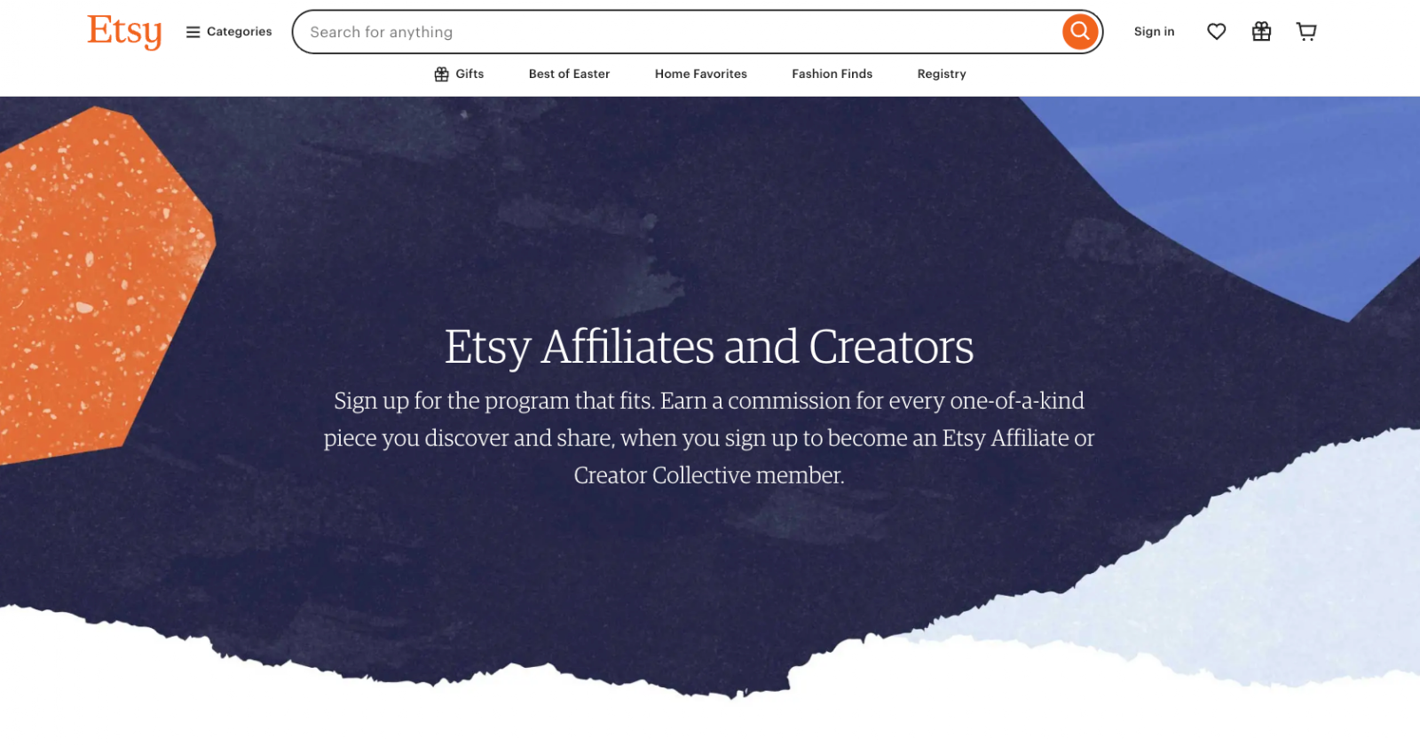 Screenshot of the Etsy Affiliate Program landing page, showing a headline "Etsy Affiliates and Creators"