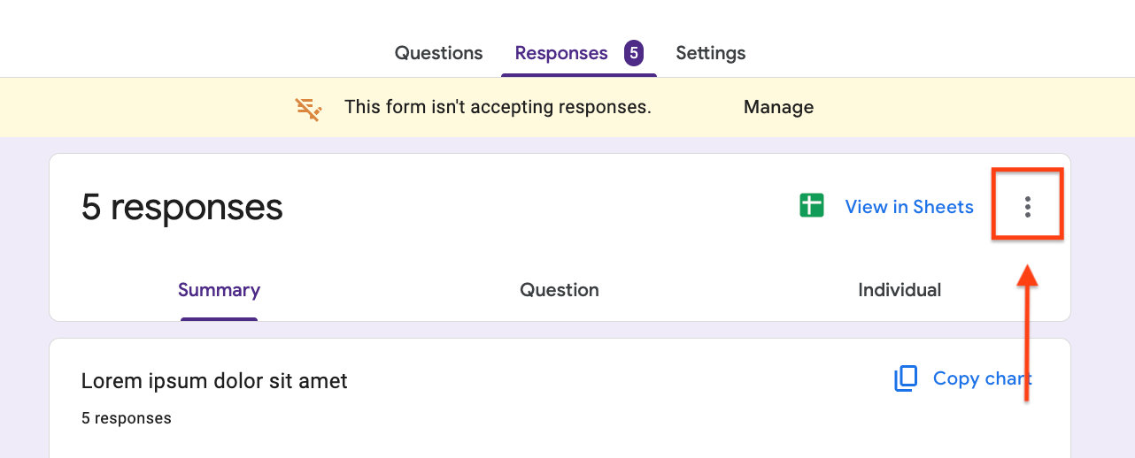 Google Forms interface showing the Responses tab with the settings icon highlighted