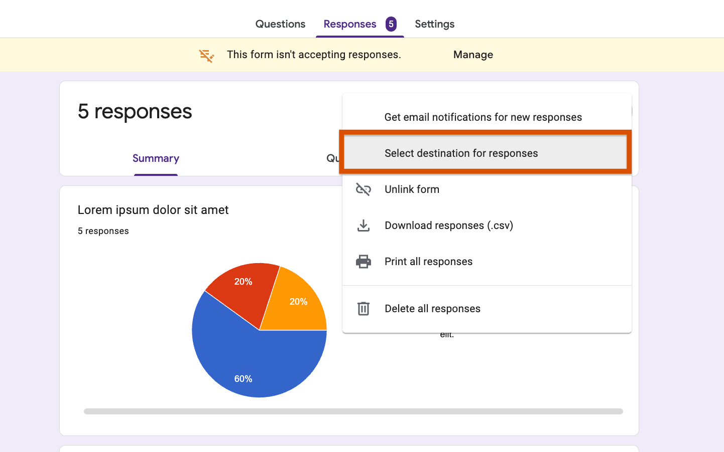 Google Forms interface with the "Select destination for responses" setting highlighted
