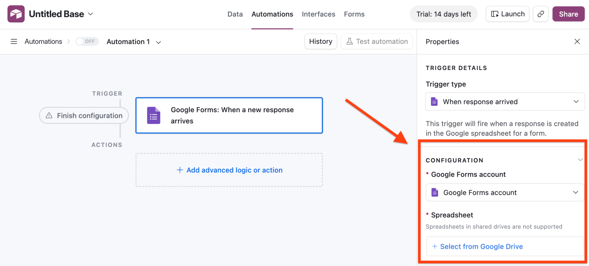Airtable interface with the "Select from Google Drive" button highlighted in the Configuration box