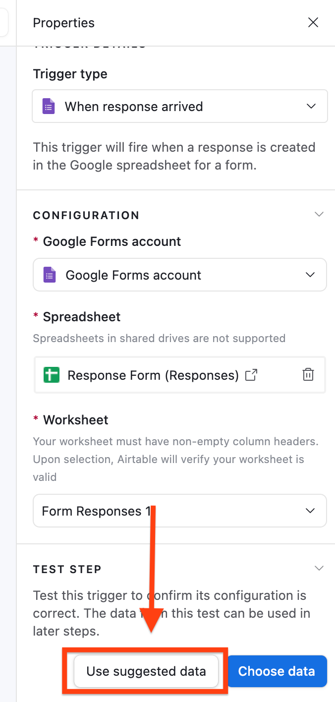 Airtable interface with the "Use suggested data" button highlighted in the Test step box