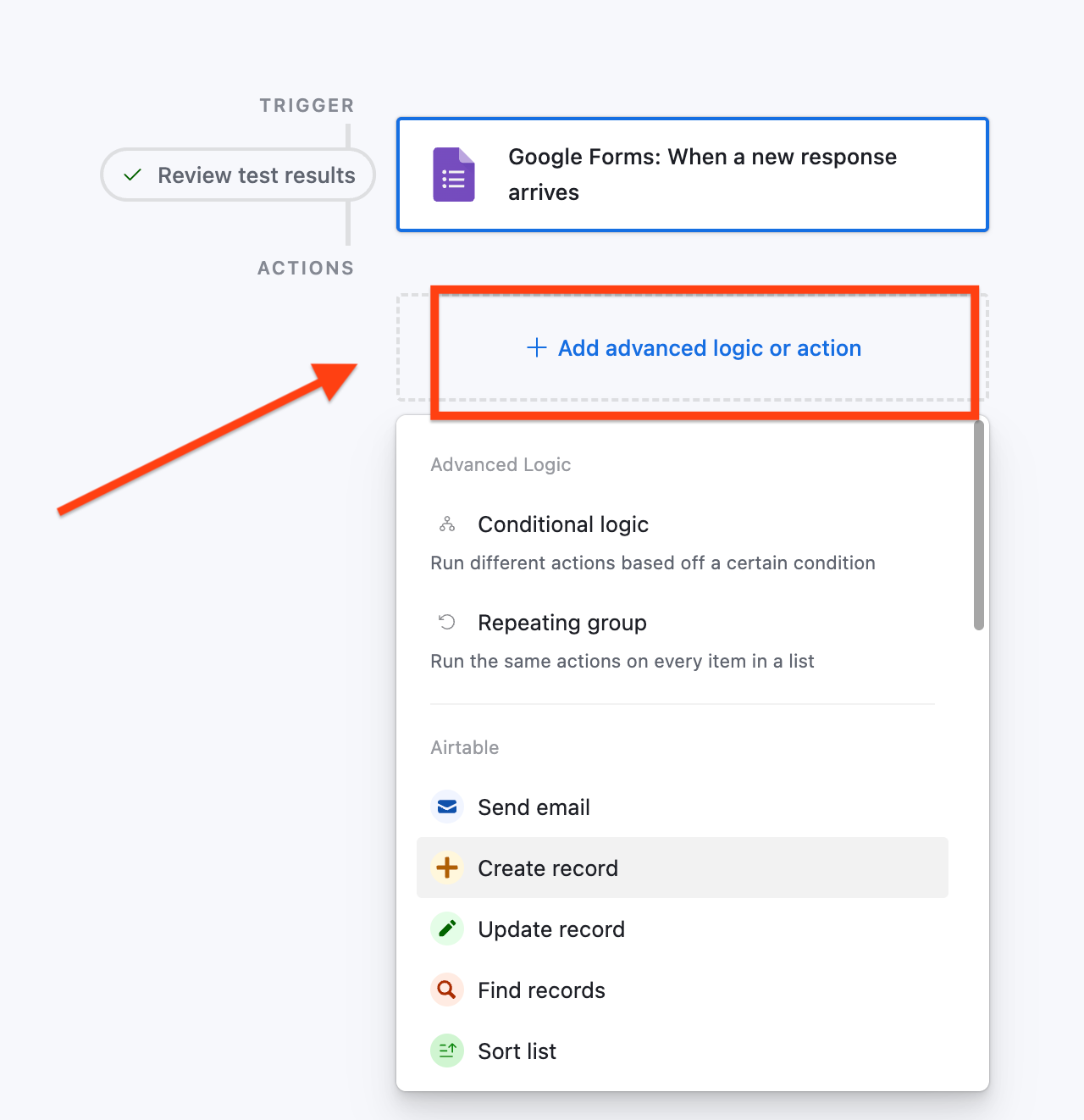 Airtable interface with the "Add advanced logic or action" button highlighted in the Actions part of the automation flow