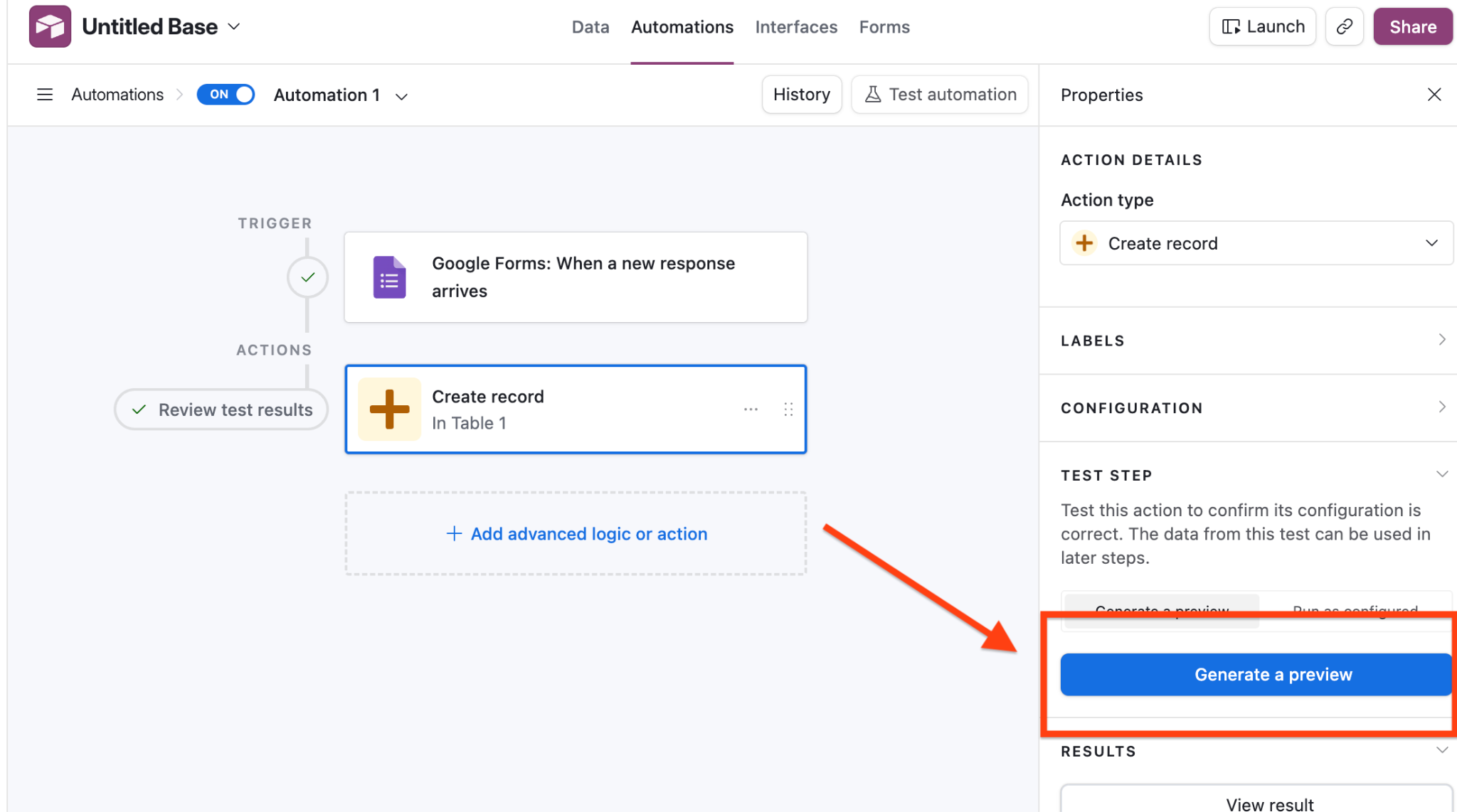 Airtable interface with the "Generate a preview" button highlighted in the Test step box