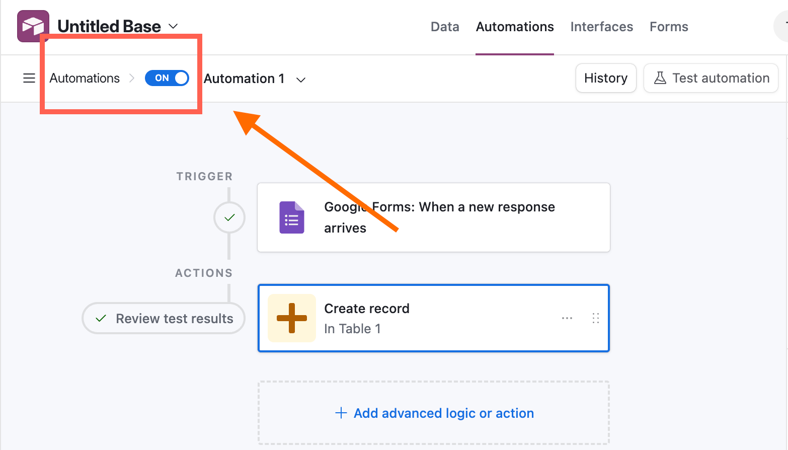 Airtable interface with the on/off automation toggle highlighted in the top left