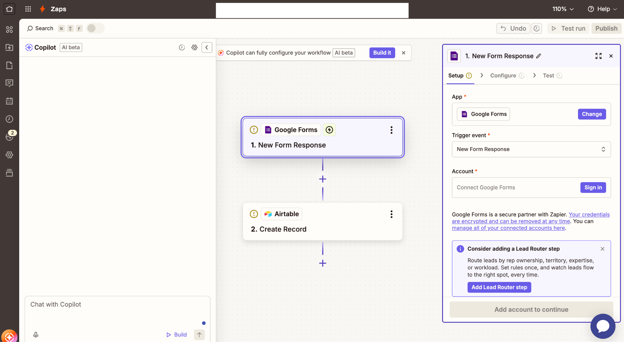 Zapier interface showing the option to "Connect Google Forms"