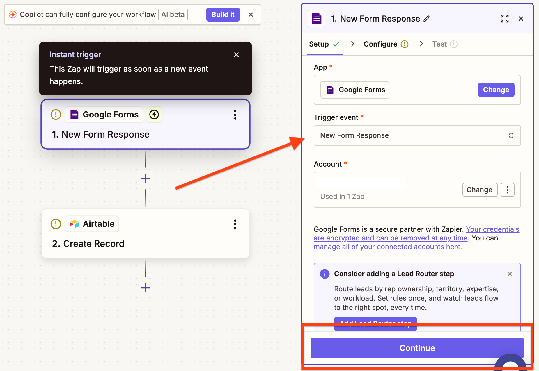 Zapier interface with an arrow pointing to the Trigger event dropdown and the Continue button highlighted