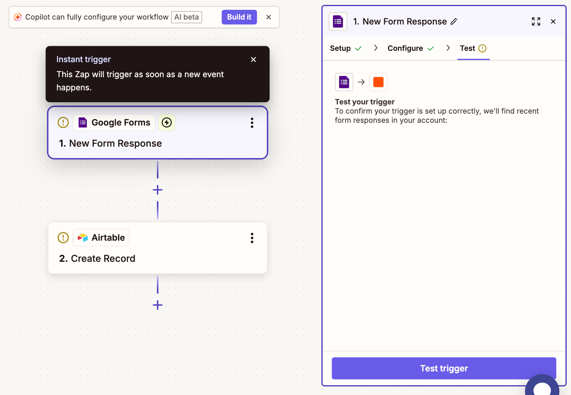 Zapier interface showing the "Test trigger" button