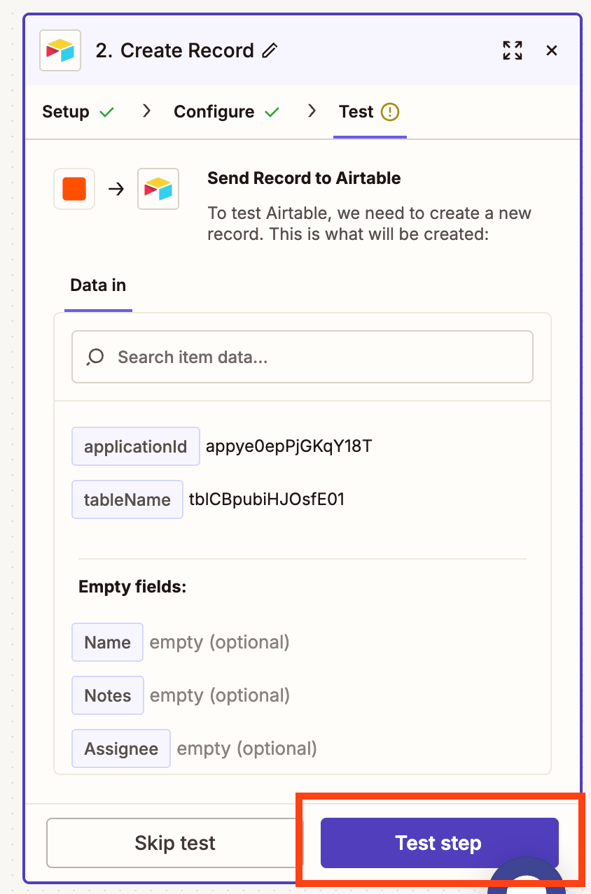 Zapier interface with the "Test step" button highlighted