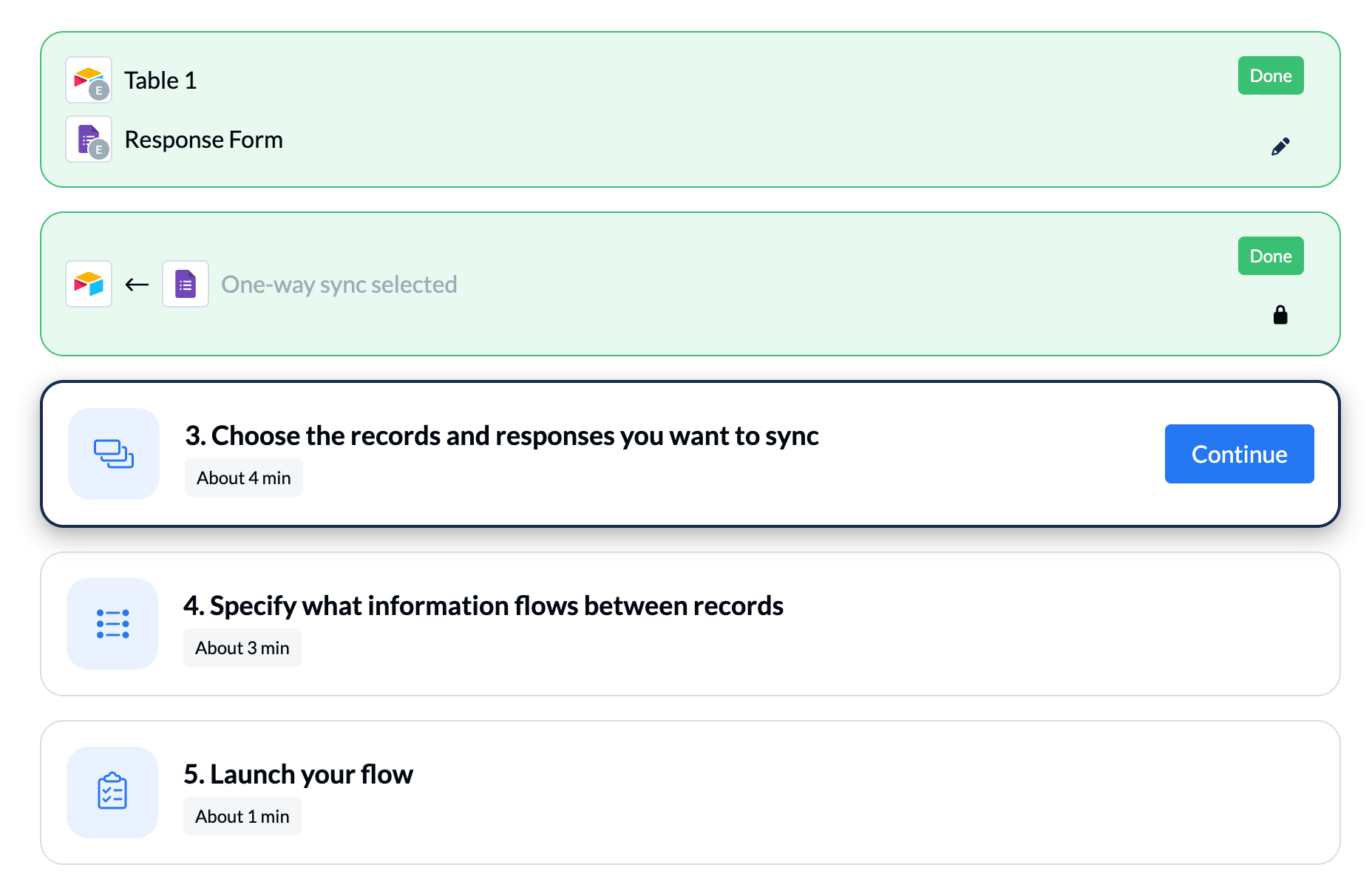 Unito interface showing the "Continue" button in the "Choose the records and responses you want to sync" walkthrough option