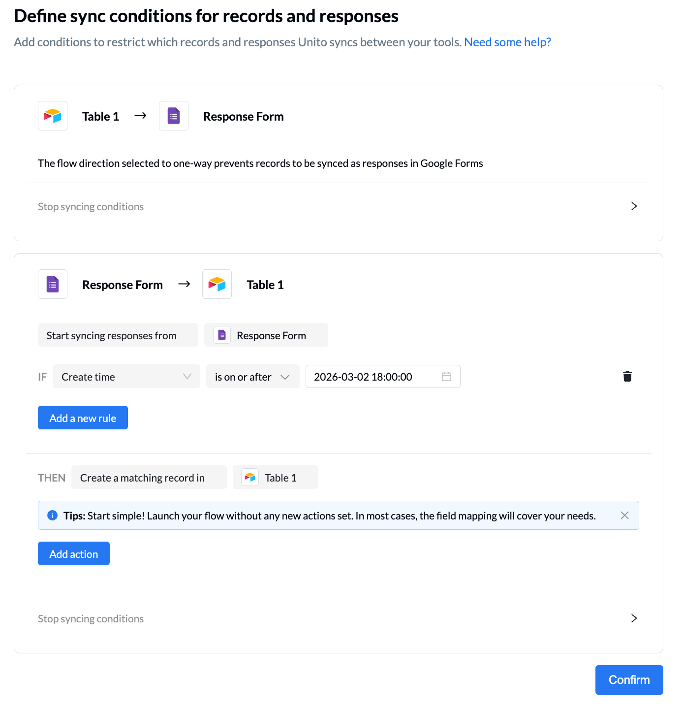 Unito interface showing the "Define sync conditions for records and responses" screen