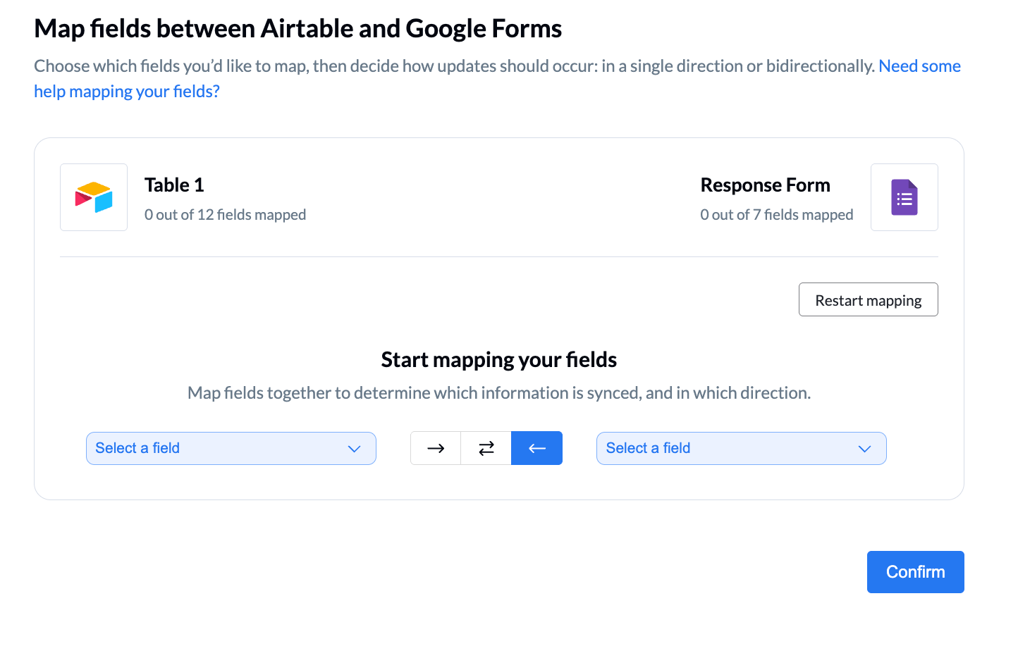 Unito interface showing the "Map fields between Airtable and Google Forms" screen