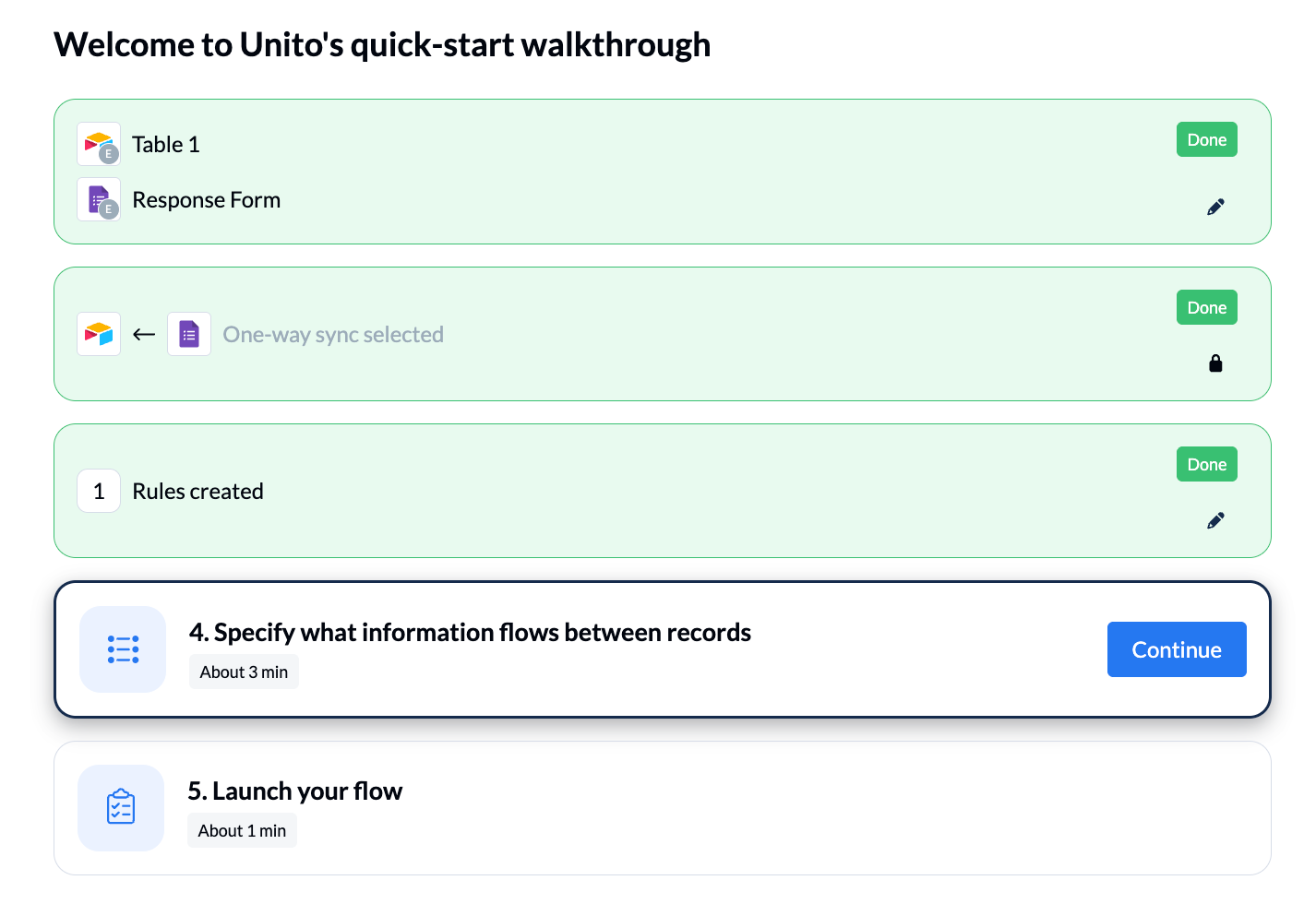 Unito interface showing the "Continue" button in the "Specify what information flows between records" walkthrough option