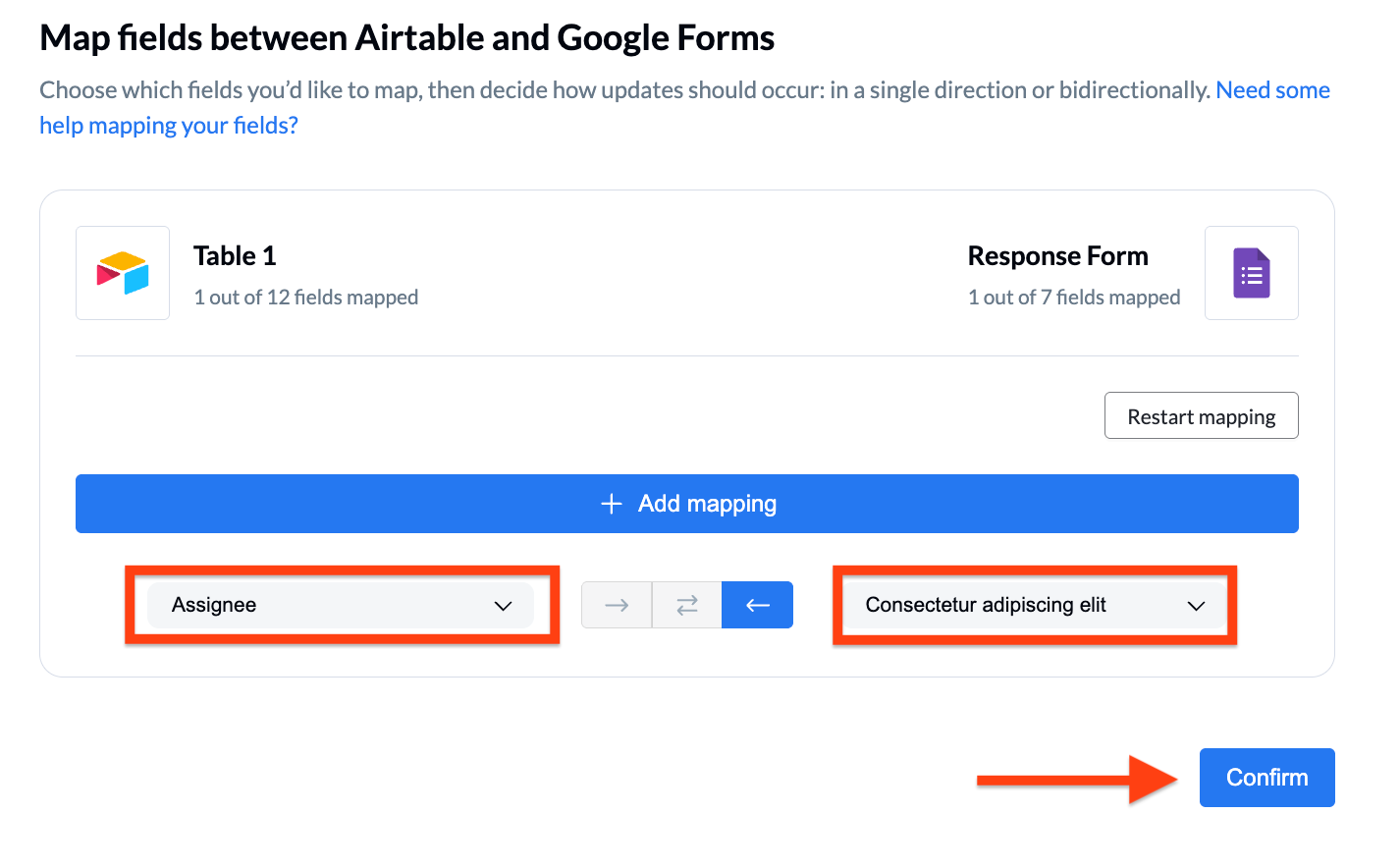Unito interface showing the "Map fields between Airtable and Google Forms" screen