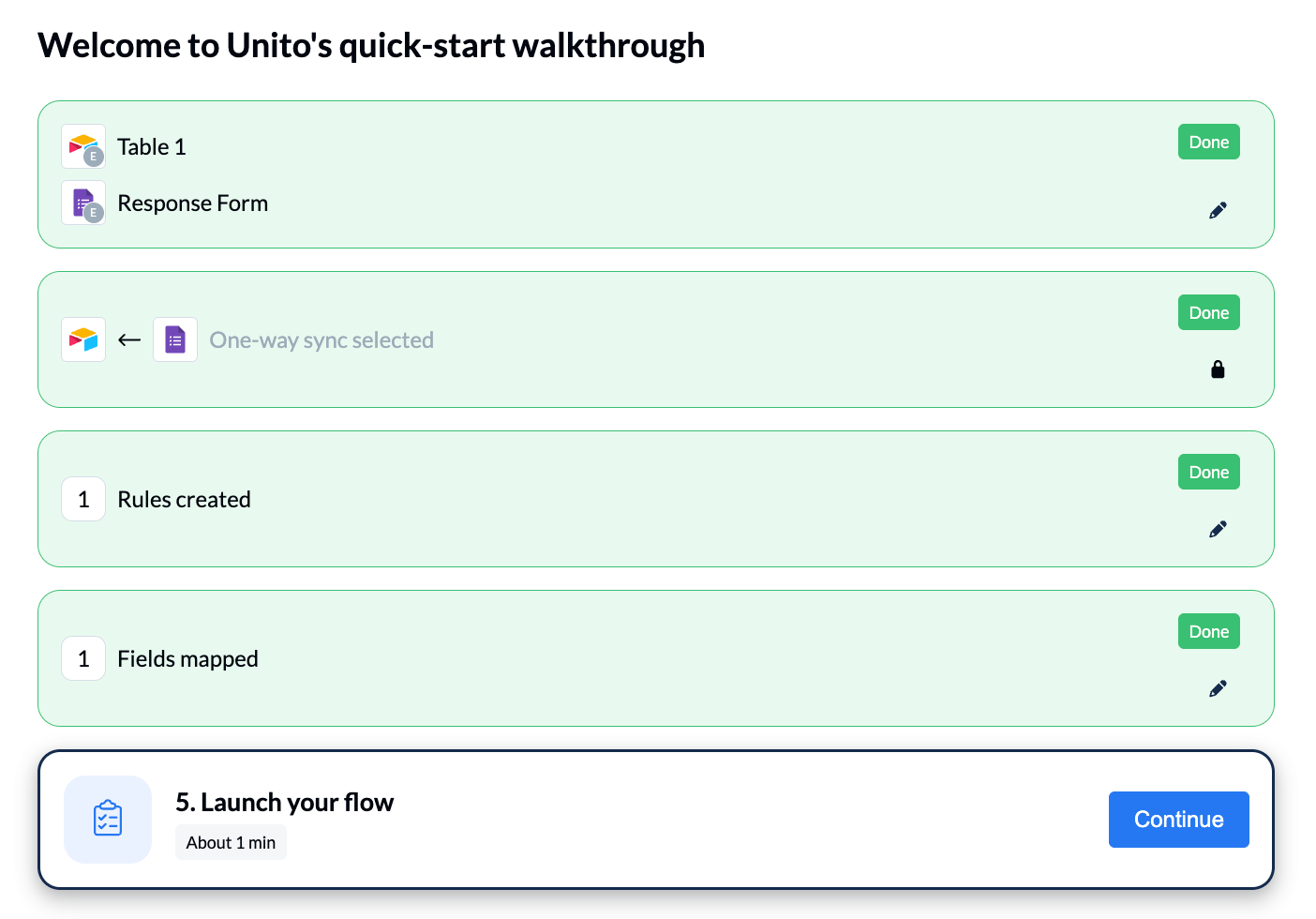 Unito interface showing the "Continue" button in the "Launch your flow" walkthrough option