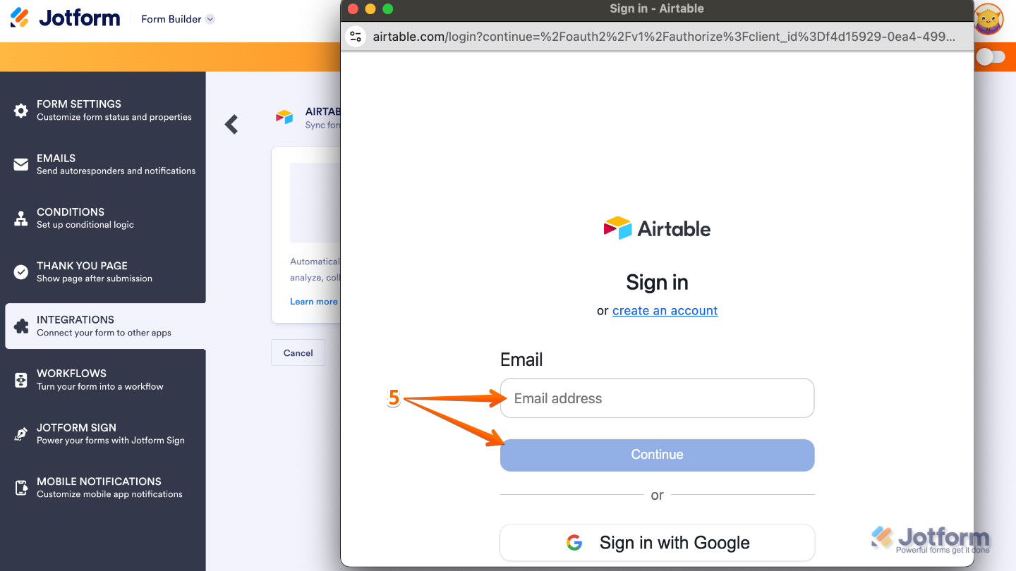 Airtable authentication window prompting the user to enter their Airtable email address and click "Continue"