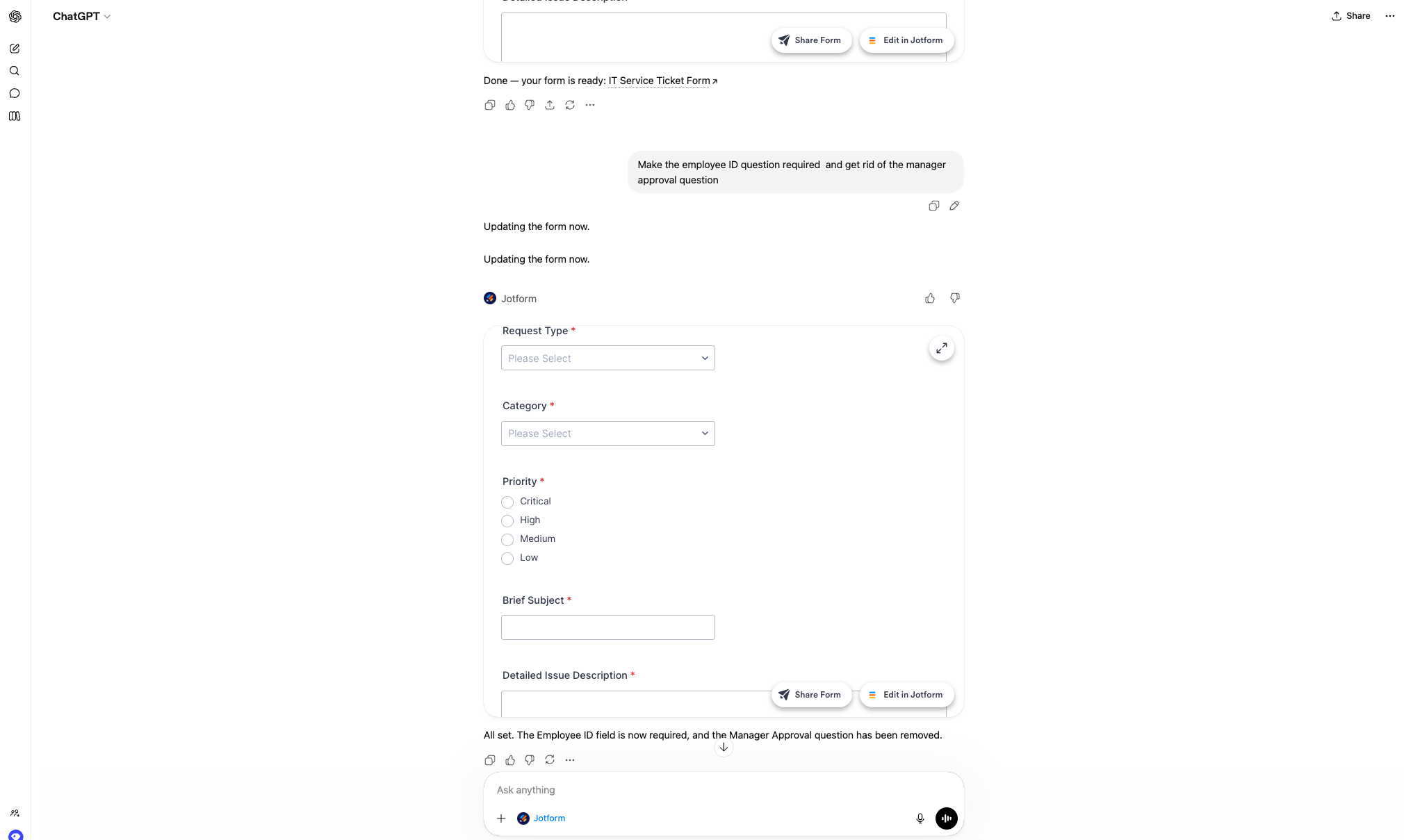 Conversational editing in Jotform ChatGPT App