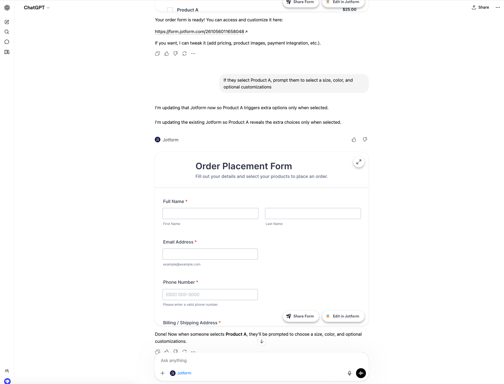 Show or hide fields in Jotform ChatGPT App