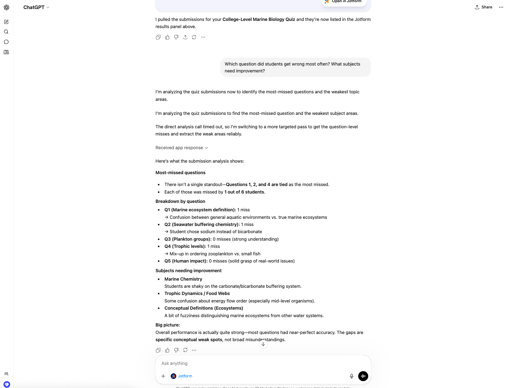Asking ChatGPT App to analyze data in the chat