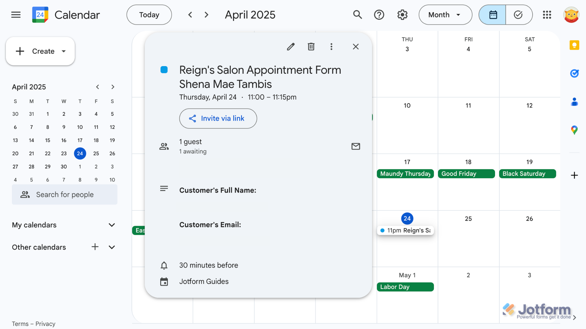 Example screenshot of a Google Calendar event automatically created from a Jotform submission, showing the synced meeting details as confirmation that the form is successfully connected