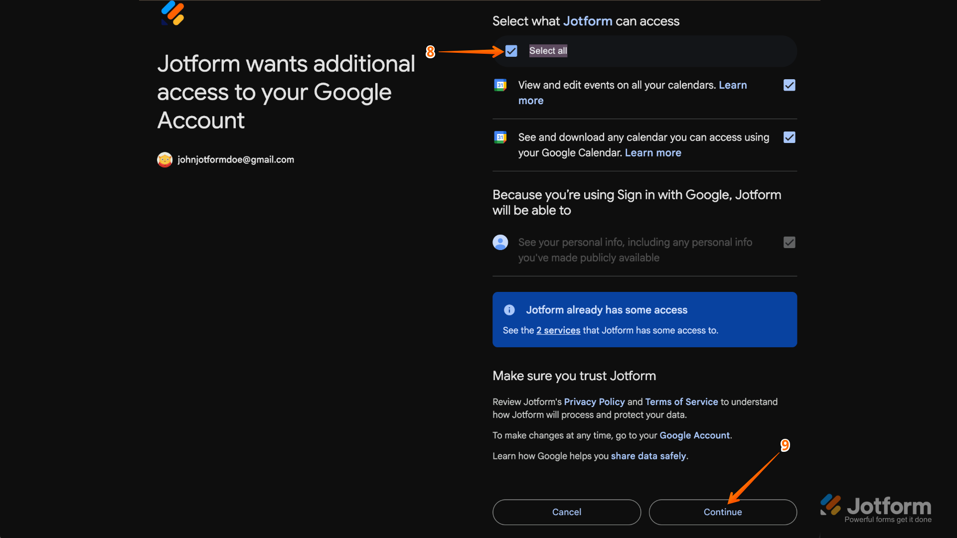 Google account permissions screen with the "Select all" checkbox ticked and the "Continue" button highlighted, authorizing Jotform to access and sync with the Google Calendar account
